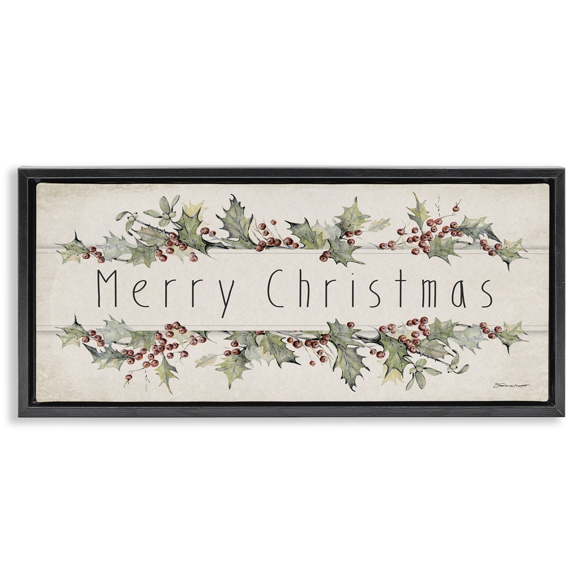 Stupell Industries Vintage Merry Christmas Sentiment Holiday Painting Black Floater Framed Canvas Art Print Wall Art, 25 x 11