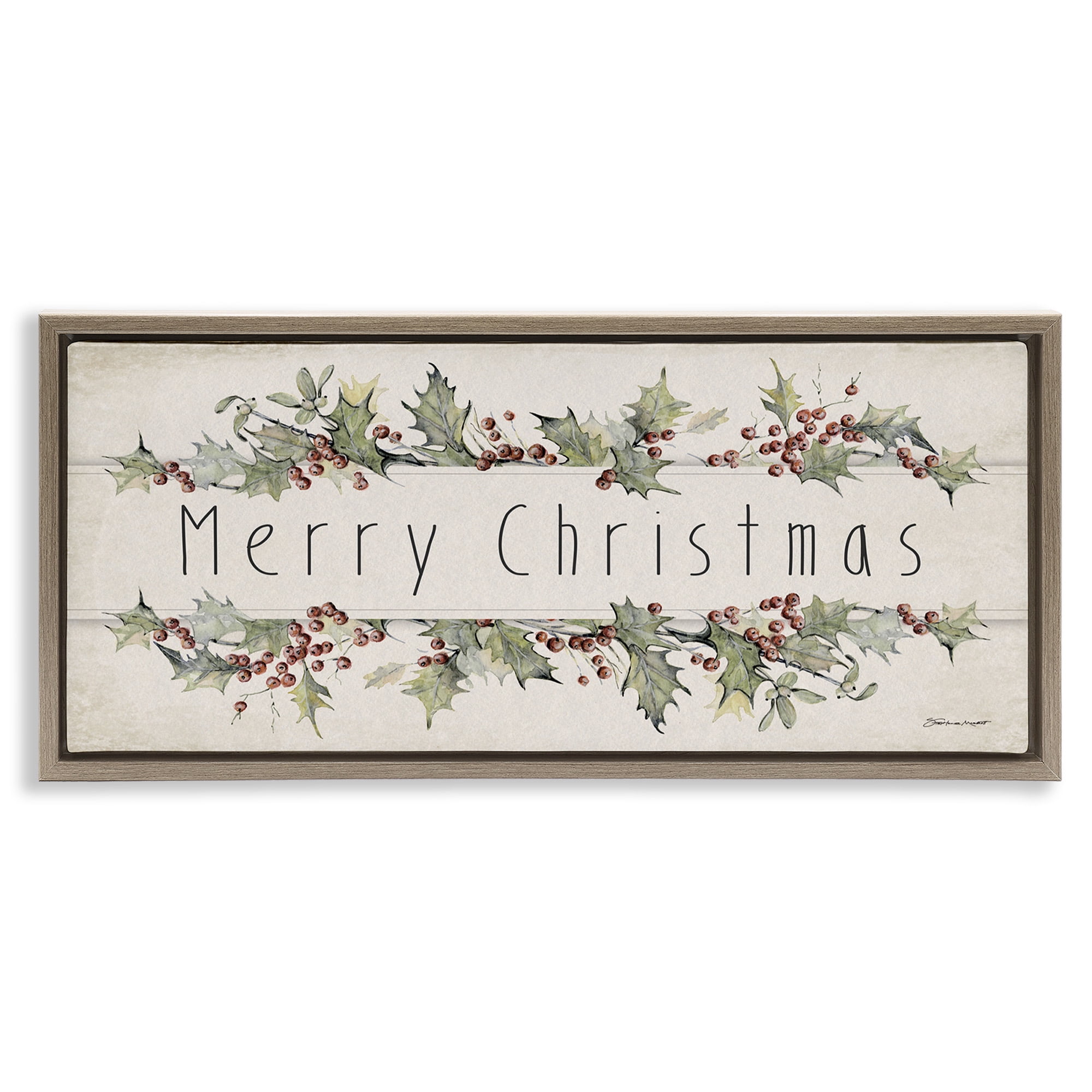 Stupell Industries Vintage Merry Christmas Sentiment Holiday Painting Brown Floater Framed Canvas Art Print Wall Art, 25 x 11