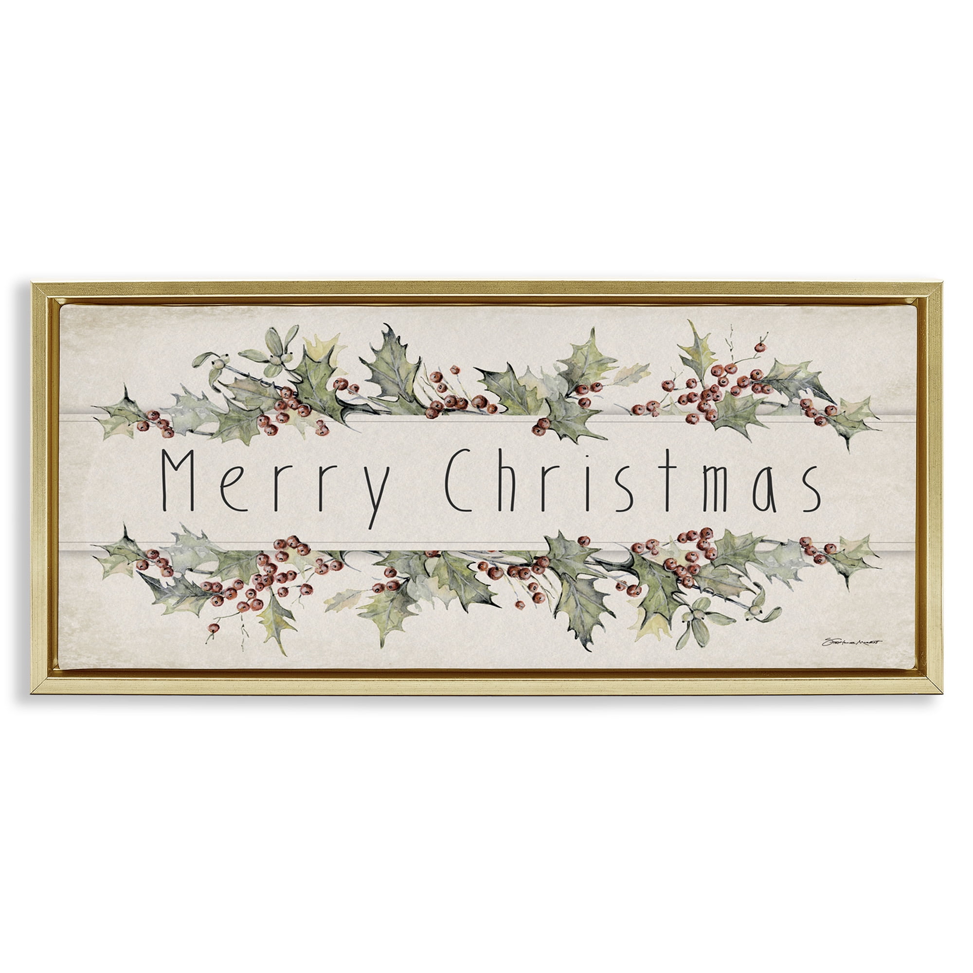 Stupell Industries Vintage Merry Christmas Sentiment Holiday Painting Gold Floater Framed Canvas Art Print Wall Art, 31 x 14