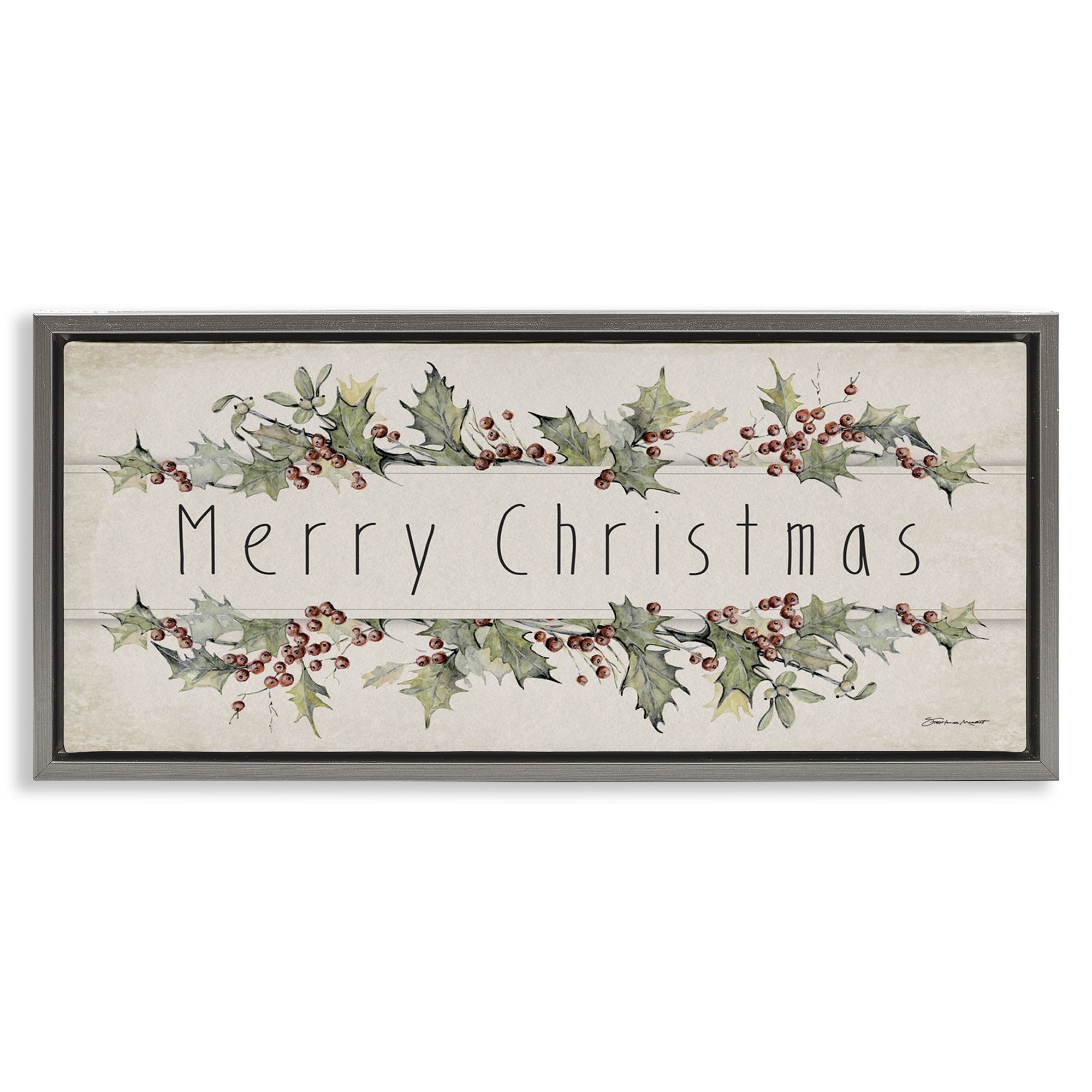 Stupell Industries Vintage Merry Christmas Sentiment Holiday Painting Gray Floater Framed Canvas Art Print Wall Art, 25 x 11