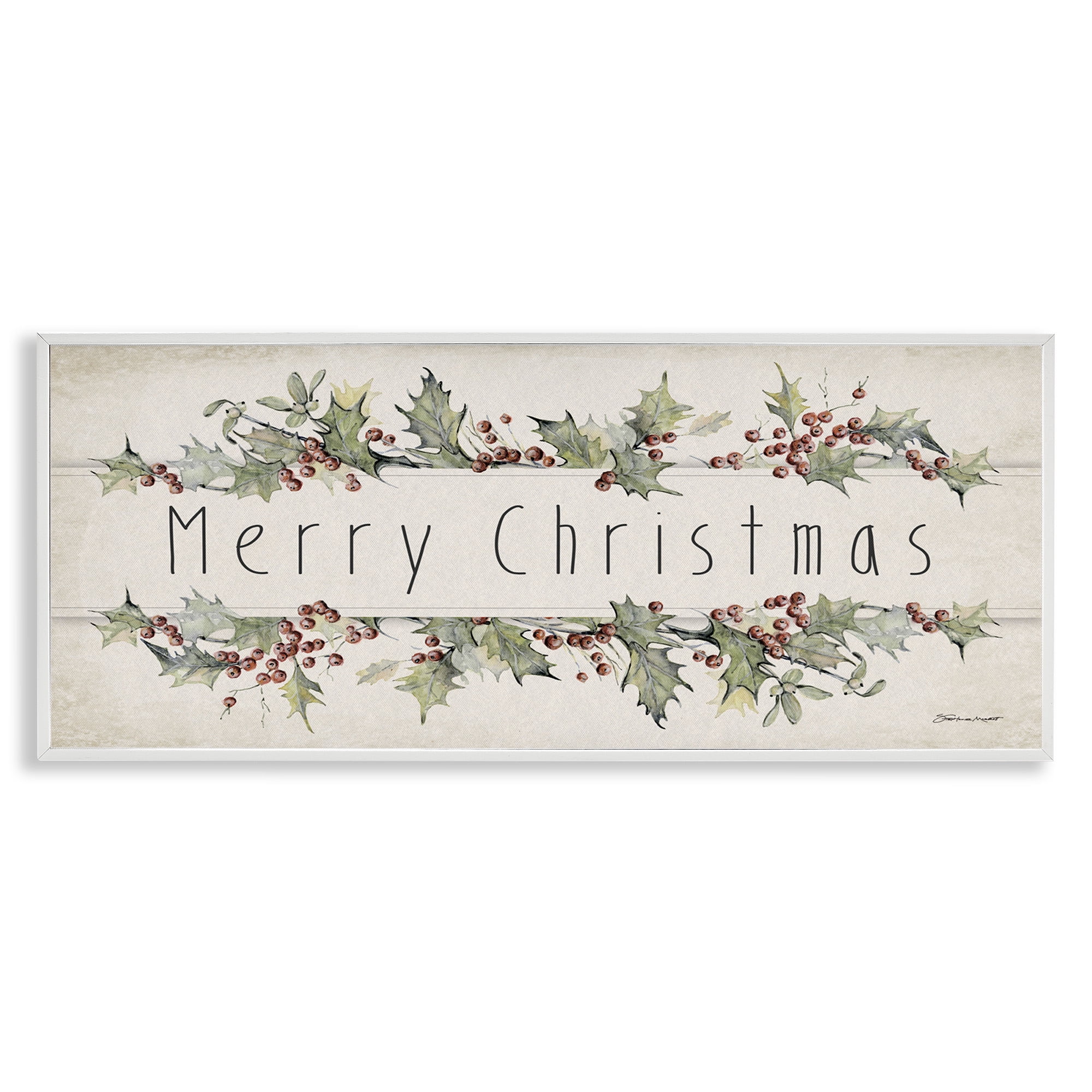 Stupell Industries Vintage Merry Christmas Sentiment Holiday Painting White Framed Art Print Wall Art, 30 x 13