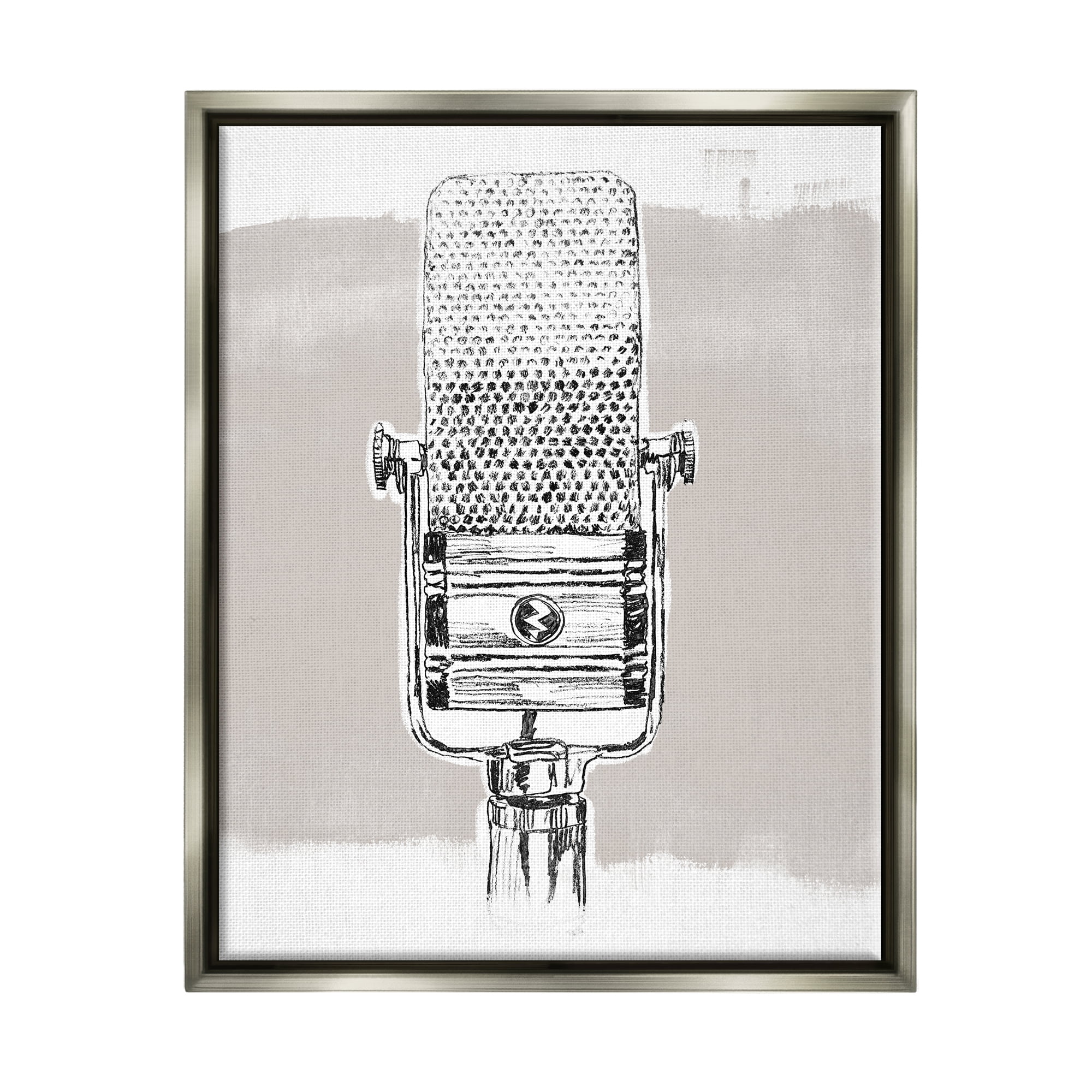 Stupell Industries Vintage Microphone Music Drawing Novelty Painting Gray Floater Framed Art Print Wall Art