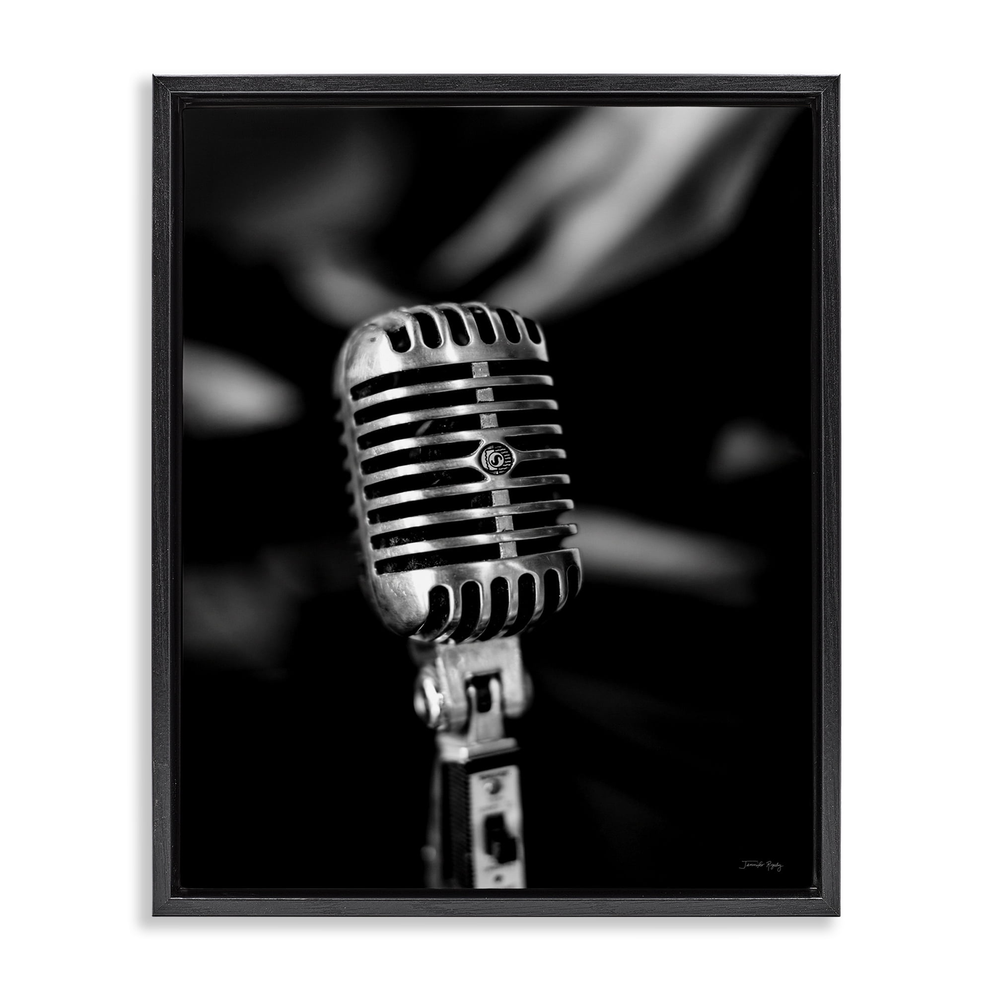 Stupell Industries Vintage Microphone on Black Entertainment Painting Black Floater Framed Canvas Art Print Wall Art, 25 x 31