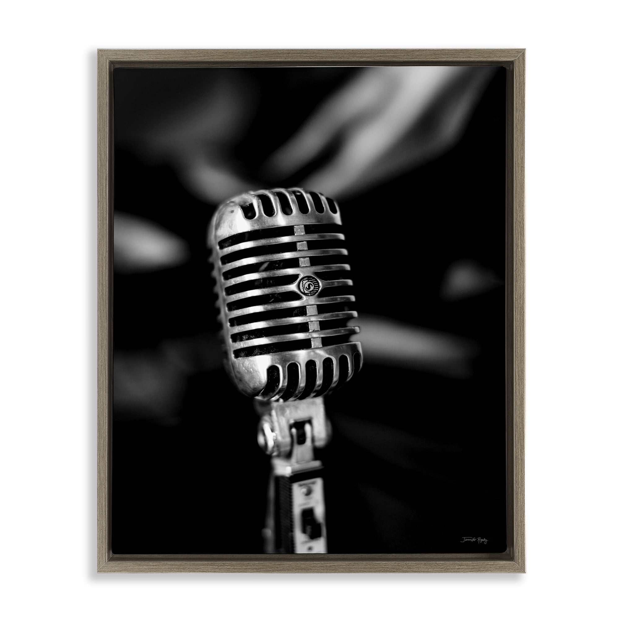 Stupell Industries Vintage Microphone on Black Entertainment Painting Brown Floater Framed Canvas Art Print Wall Art, 17 x 21