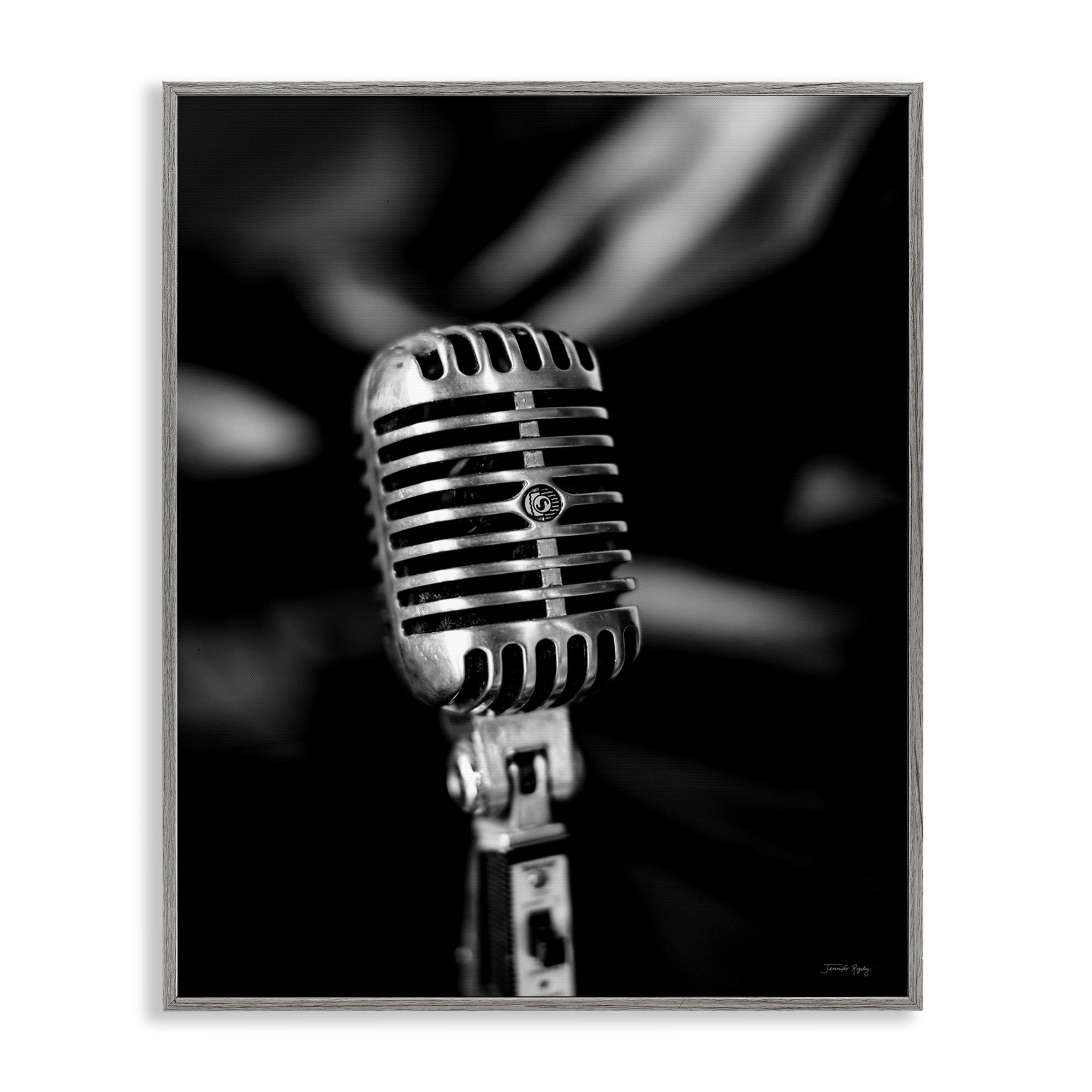 Stupell Industries Vintage Microphone on Black Entertainment Painting Gray Framed Art Print Wall Art, 16 x 20