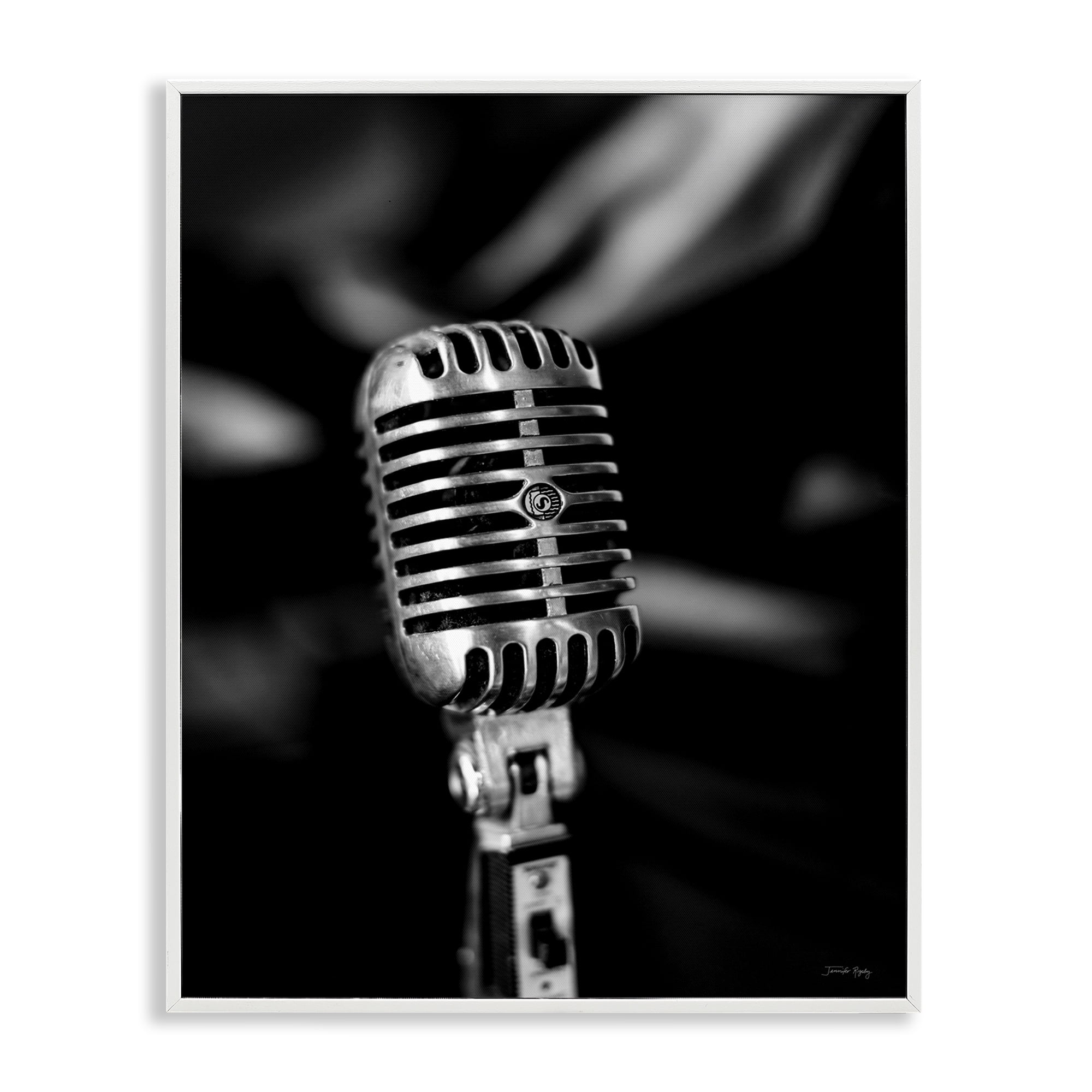 Stupell Industries Vintage Microphone on Black Entertainment Painting White Framed Art Print Wall Art, 11 x 14