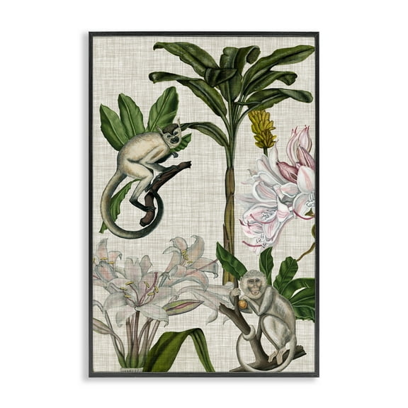 Stupell Industries Vintage Monkey & Plants Plants & Flowers Painting Black Framed Art Print Wall Art, 12 x 18