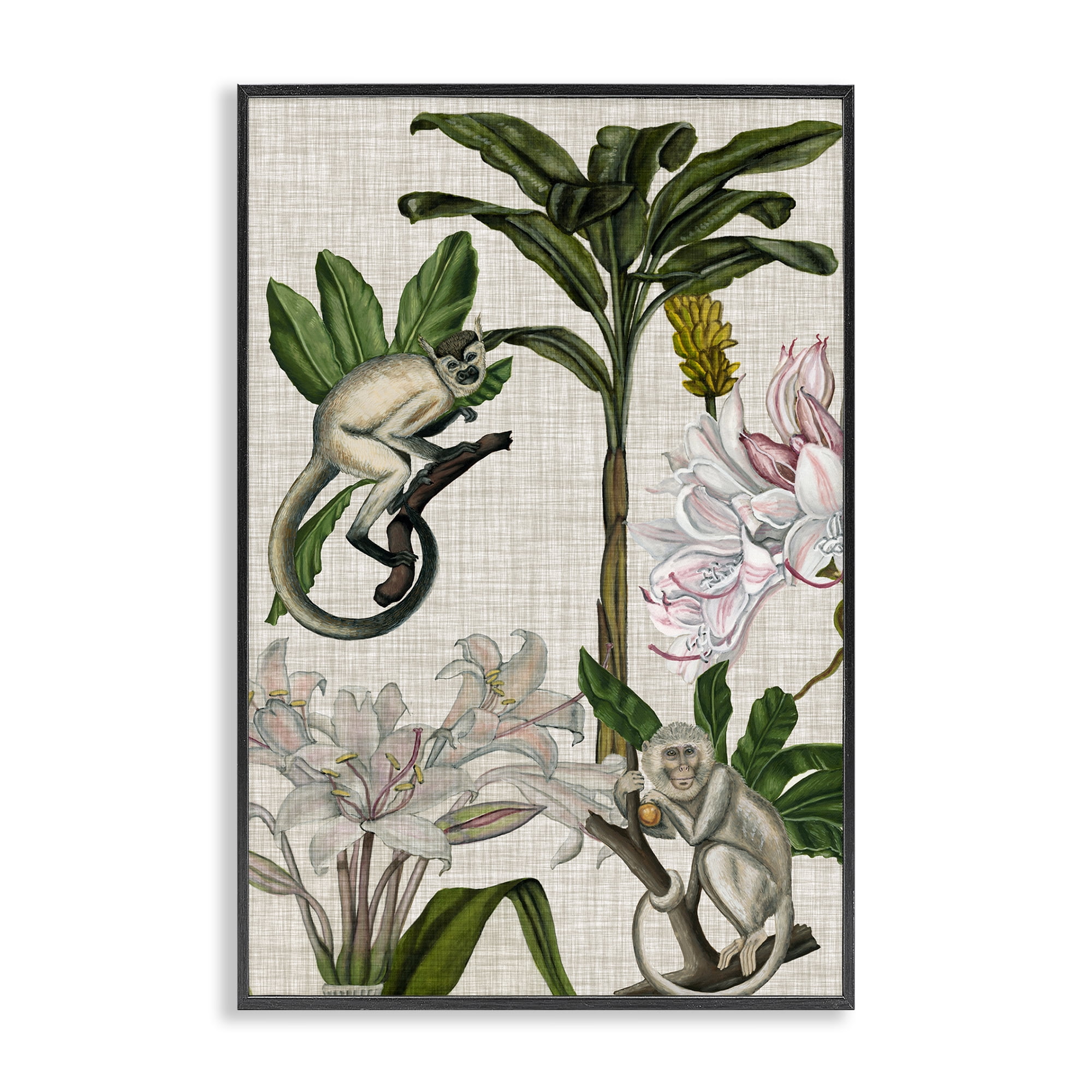 Stupell Industries Vintage Monkey & Plants Plants & Flowers Painting Black Framed Art Print Wall Art, 16 x 24