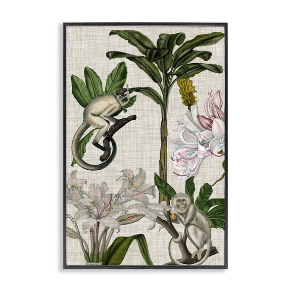 Stupell Industries Vintage Monkey & Plants Plants & Flowers Painting Black Framed Art Print Wall Art, 20 x 30