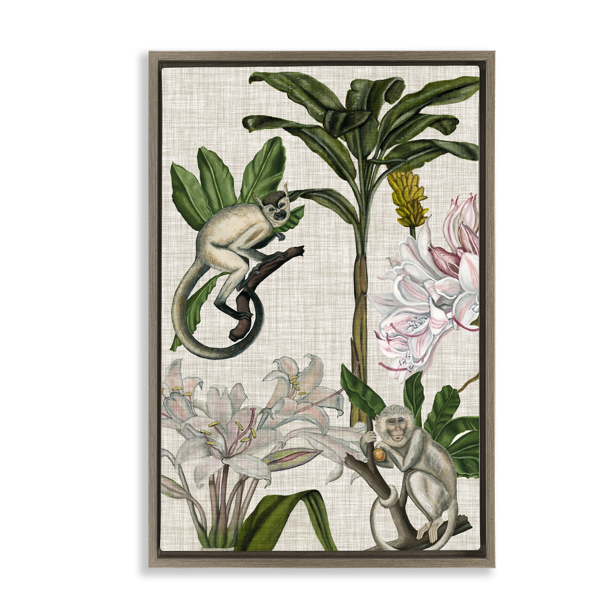 Stupell Industries Vintage Monkey & Plants Plants & Flowers Painting Brown Floater Framed Canvas Art Print Wall Art, 21 x 31