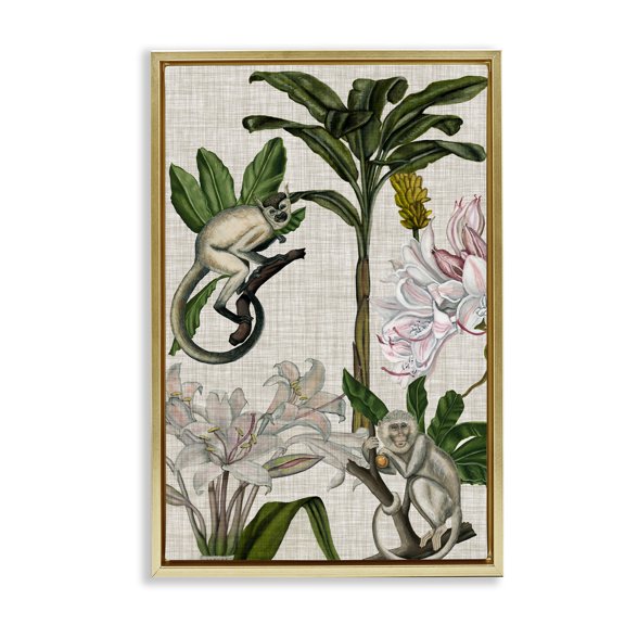 Stupell Industries Vintage Monkey & Plants Plants & Flowers Painting Gold Floater Framed Canvas Art Print Wall Art, 17 x 25