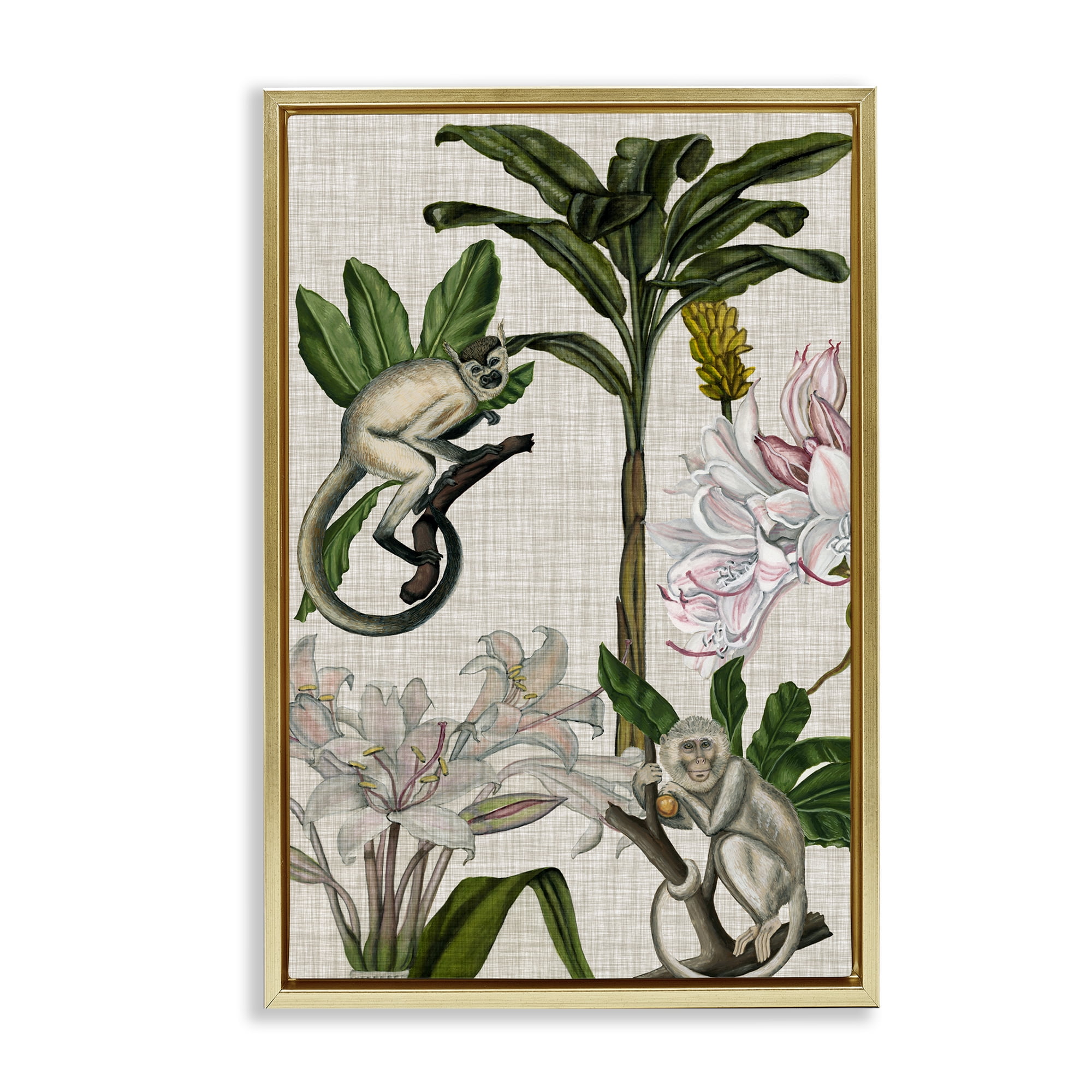 Stupell Industries Vintage Monkey & Plants Plants & Flowers Painting Gold Floater Framed Canvas Art Print Wall Art, 21 x 31