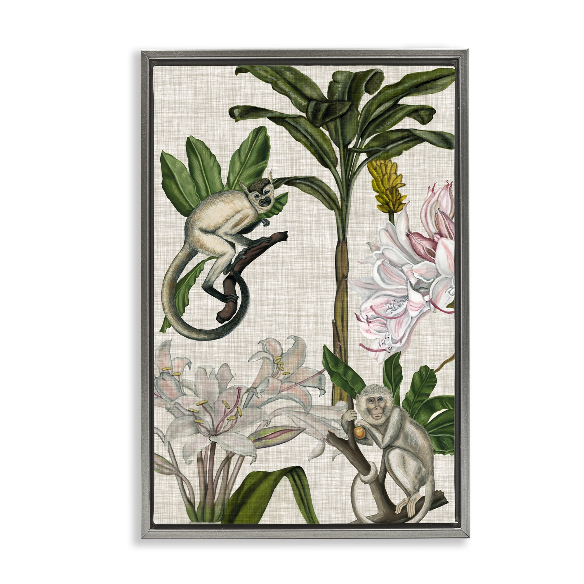 Stupell Industries Vintage Monkey & Plants Plants & Flowers Painting Gray Floater Framed Canvas Art Print Wall Art, 21 x 31