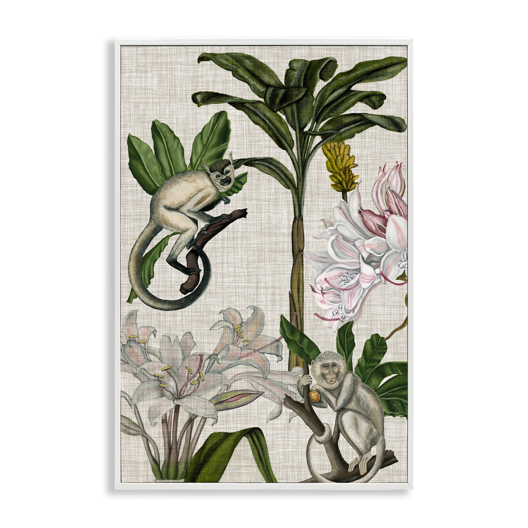 Stupell Industries Vintage Monkey & Plants Plants & Flowers Painting White Framed Art Print Wall Art, 16 x 24