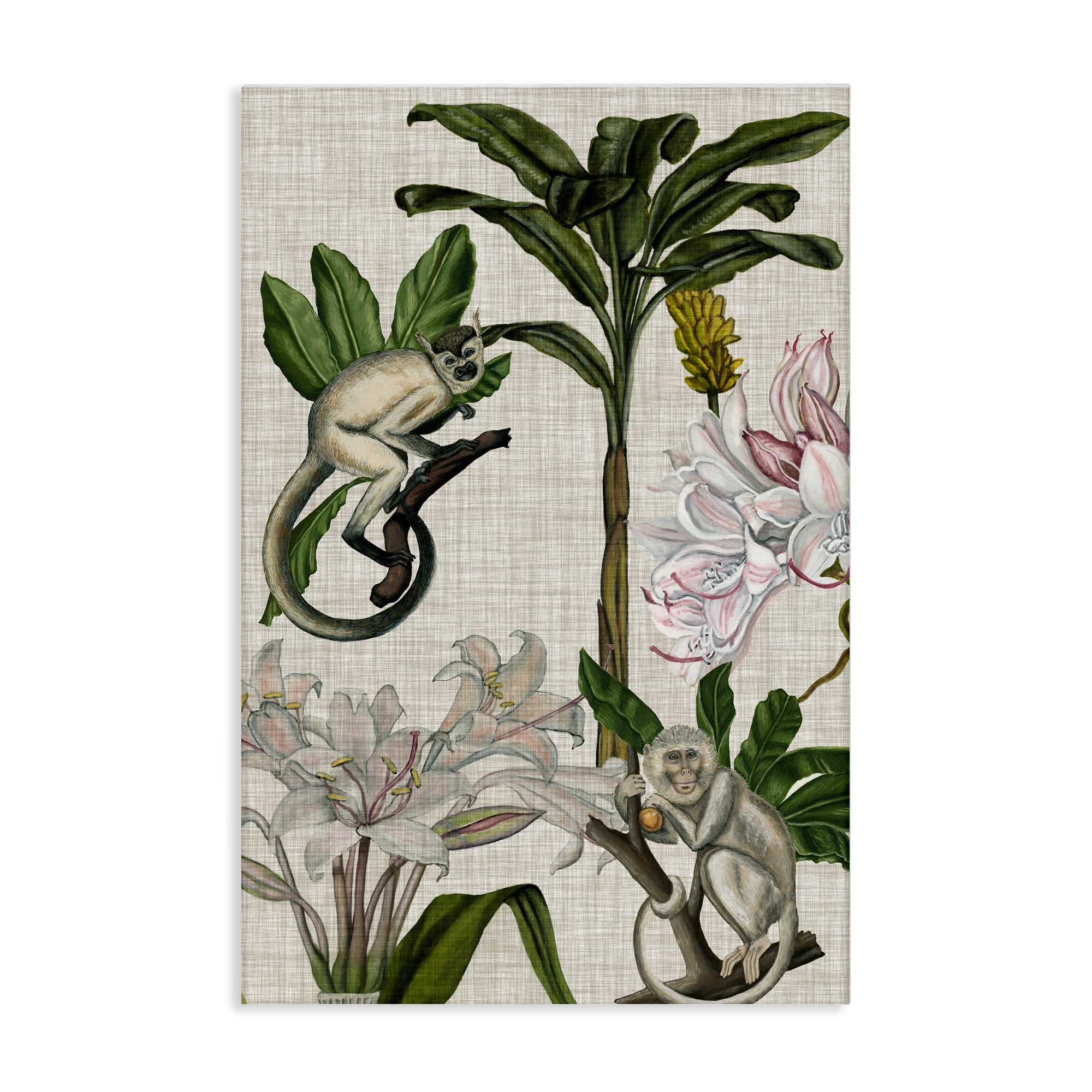 Stupell Industries Vintage Monkey & Plants Plants & Flowers Painting Wrapped Canvas Art Print Wall Art, 24 x 36