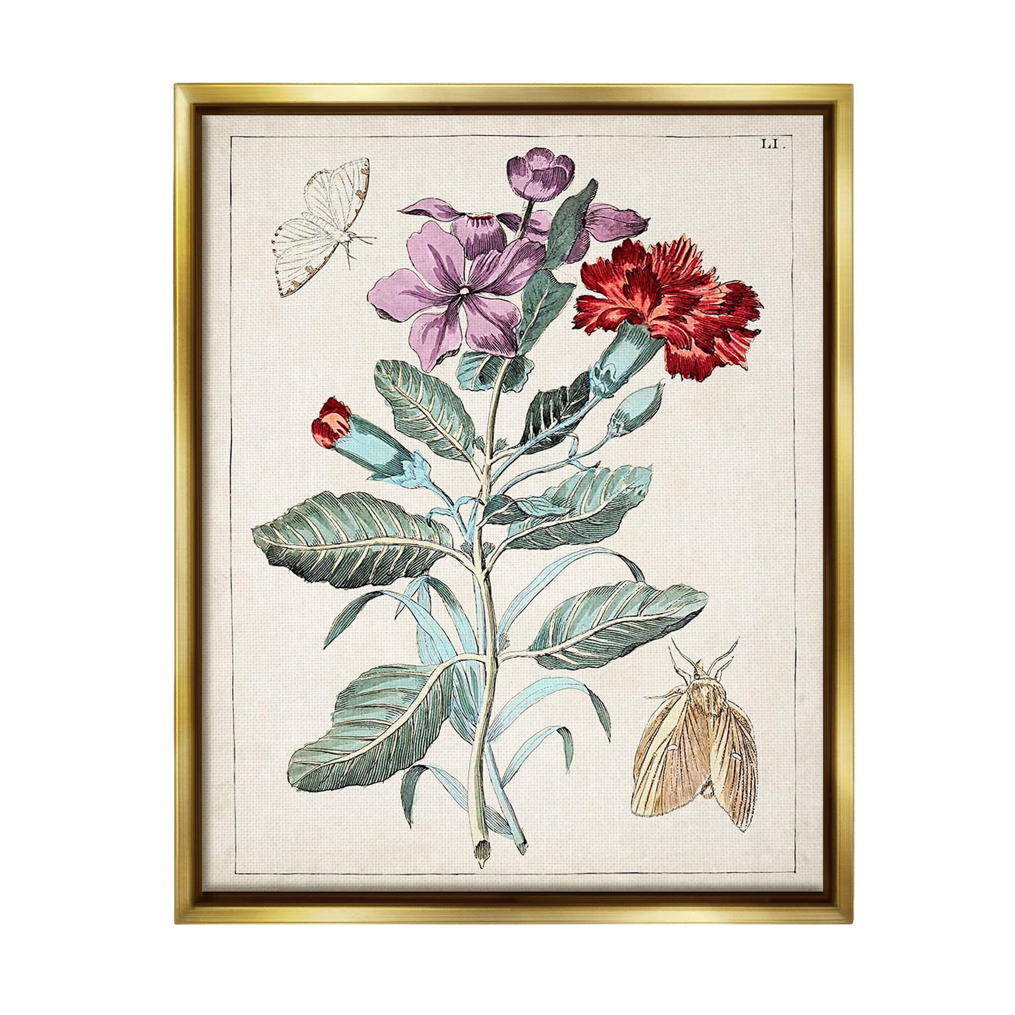 Stupell Industries Vintage Moths with Flowers Botanical & Floral Painting Gold Floater Framed Canvas Art Print Wall Art, 25 x 31