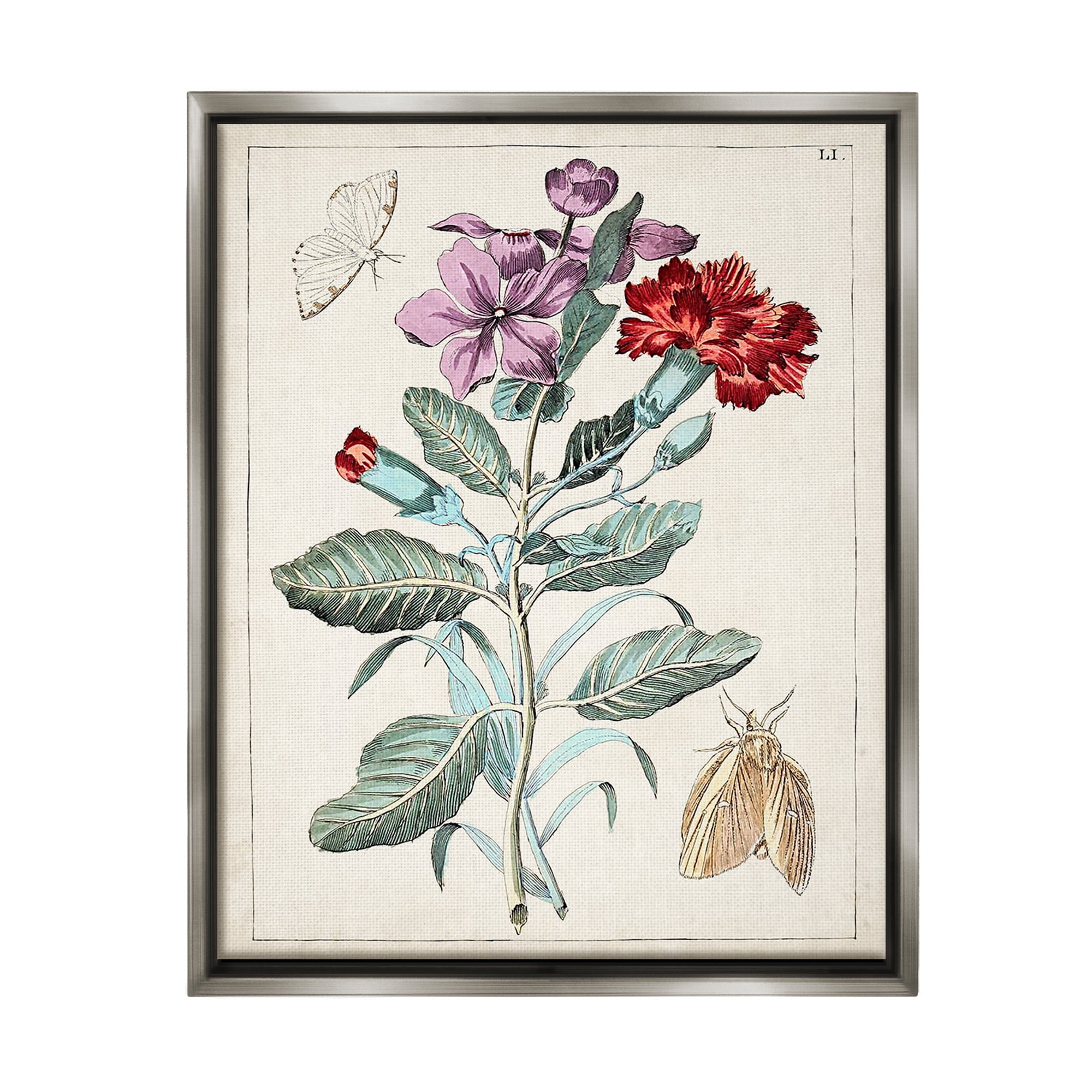 Stupell Industries Vintage Moths with Flowers Botanical & Floral Painting Gray Floater Framed Canvas Art Print Wall Art, 25 x 31