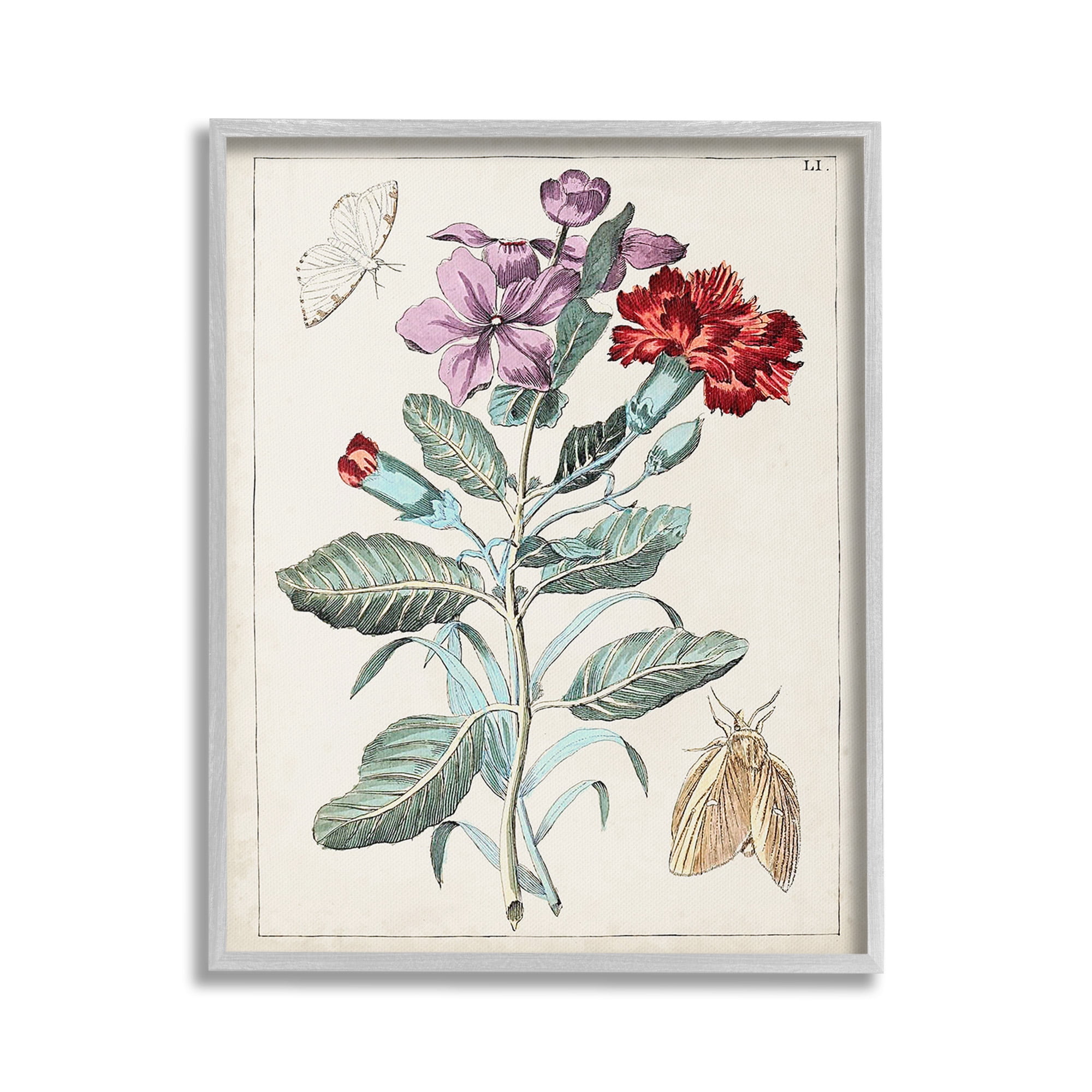 Stupell Industries Vintage Moths with Flowers Botanical & Floral Painting Gray Framed Art Print Wall Art, 16 x 20