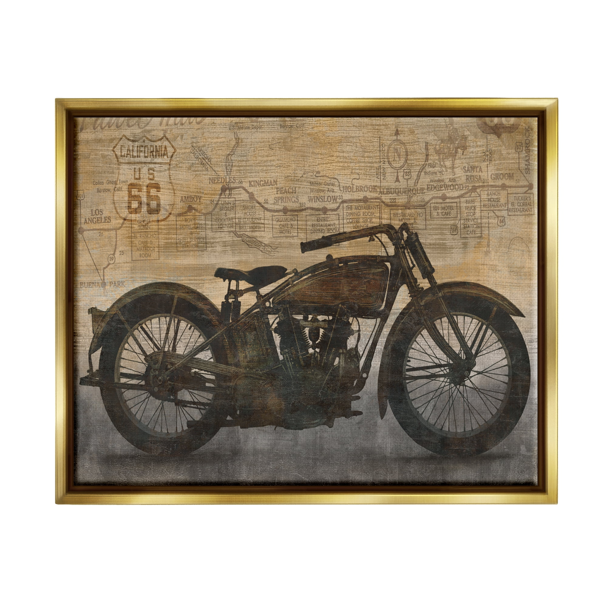 Stupell Industries Vintage Motorcycle Collage Transportation Painting Gold Floater Framed Art Print Wall Art, 21 x 17