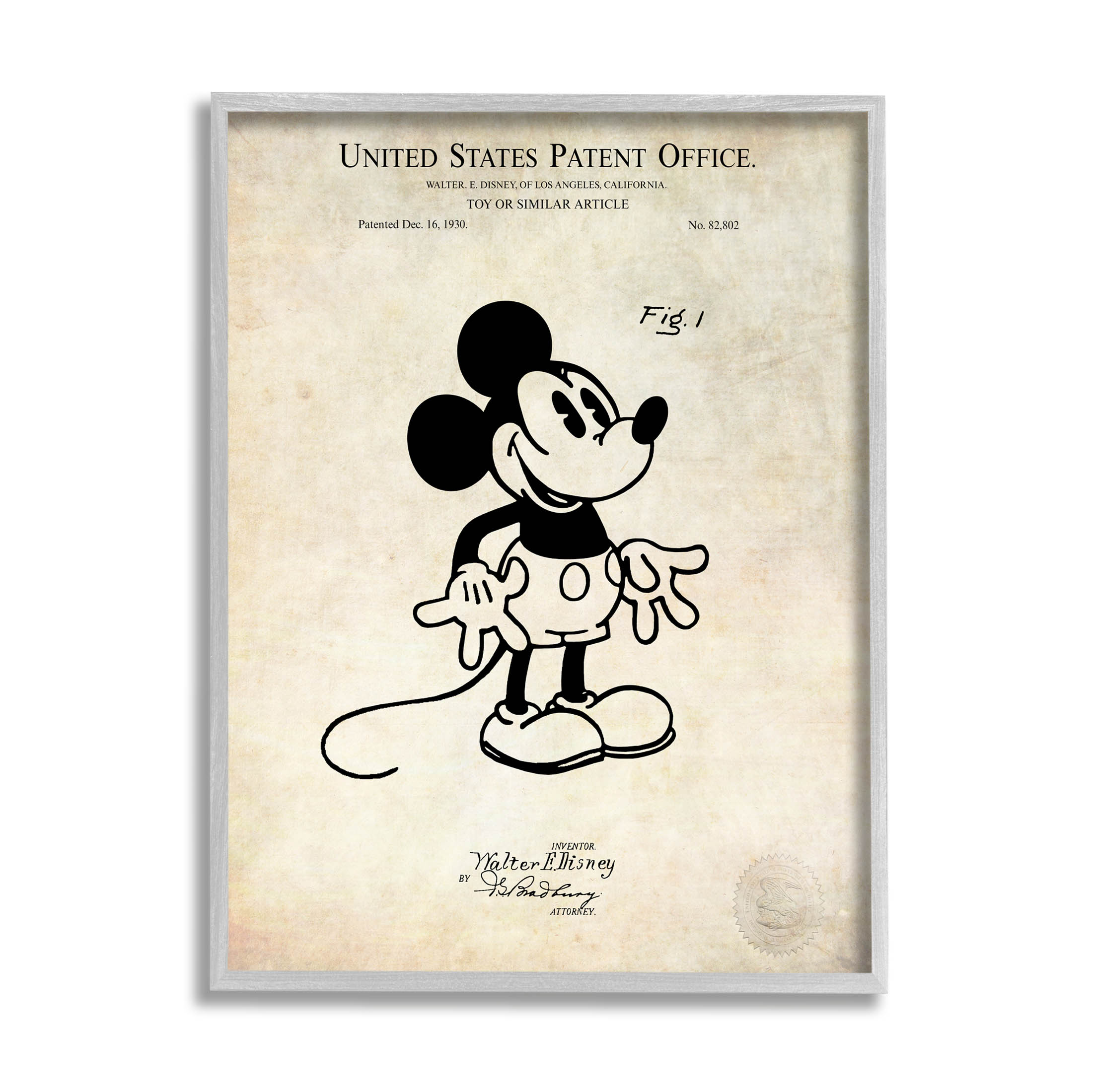 Stupell Industries Vintage Mouse Character Patent Graphic Art Gray Framed Art Print Wall Art, Design by Karl Hronek
