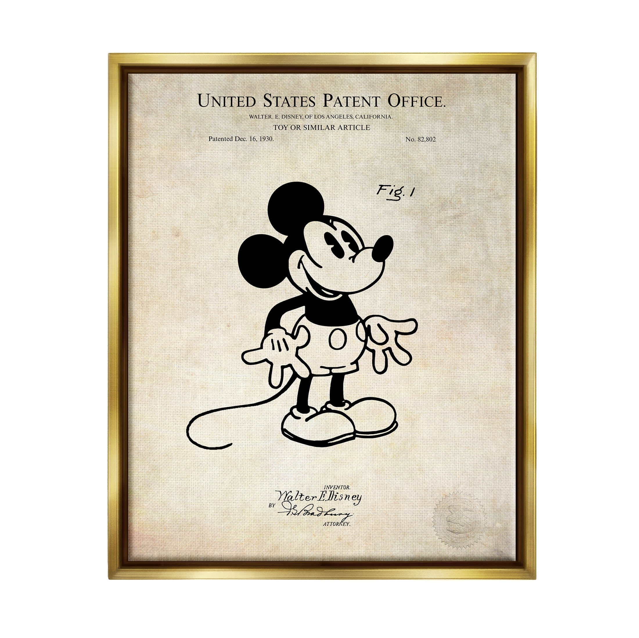 Stupell Industries Vintage Mouse Character Patent Graphic Art Metallic Gold Floating Framed Canvas Print Wall Art, Design by Karl Hronek