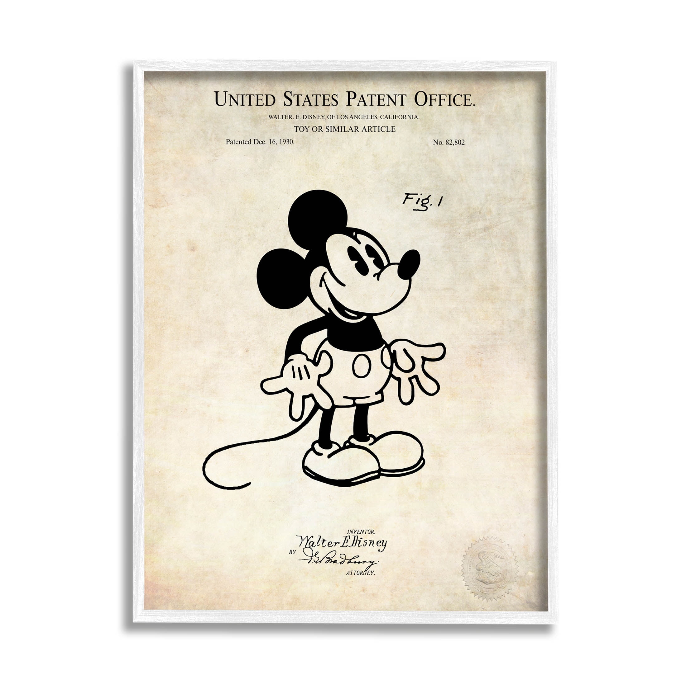 Stupell Industries Vintage Mouse Character Patent Graphic Art White Framed Art Print Wall Art, Design by Karl Hronek