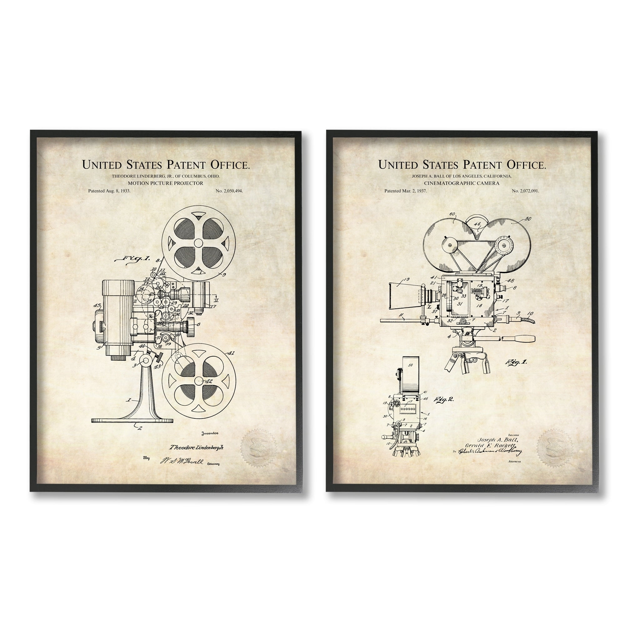 Stupell Industries Vintage Movie Camera Cinema Projector Patent Diagram Framed Wall Art, 11 x 14, Design by Karl Hronek
