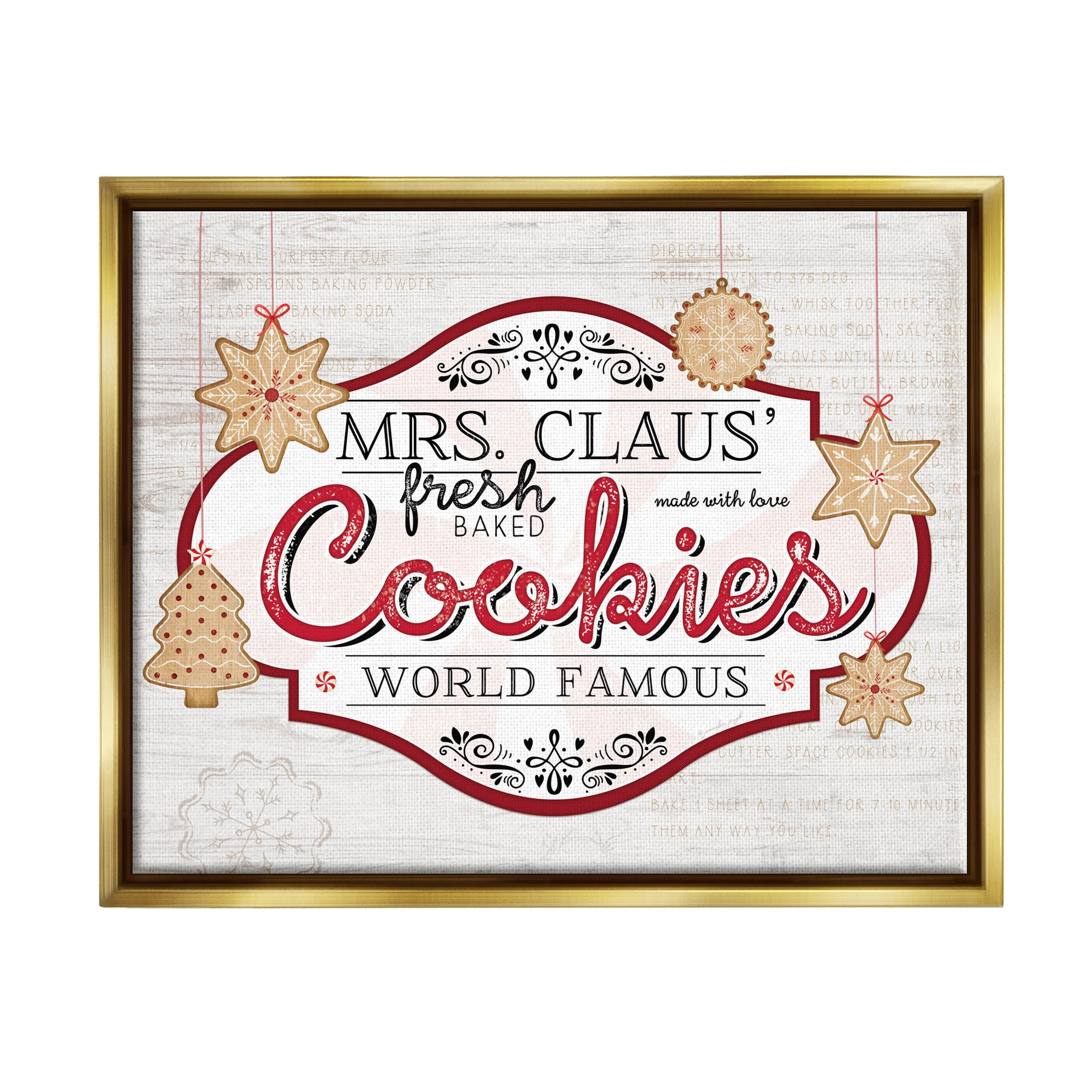 Stupell Industries Vintage Mrs. Claus Cookies Sign Graphic Art Metallic Gold Floating Framed Canvas Print Wall Art, Design by Jennifer Pugh