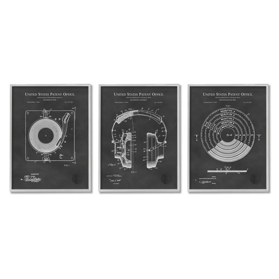 Stupell Industries Vintage Music Headphones Record Player Turntable Blueprint Framed Wall Art, 11 x 14, Design by Karl Hronek