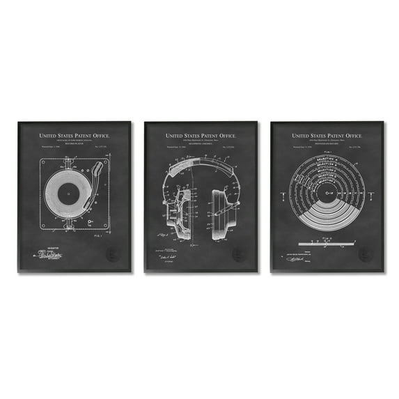Stupell Industries Vintage Music Headphones Record Player Turntable Blueprint Framed Wall Art, 16 x 20, Design by Karl Hronek