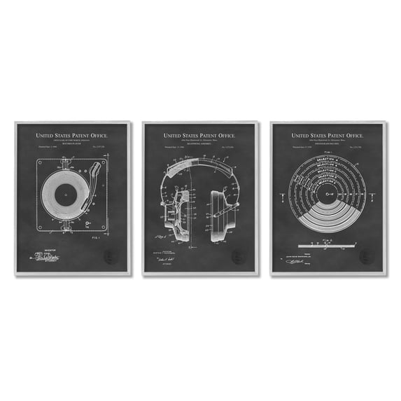 Stupell Industries Vintage Music Headphones Record Player Turntable Blueprint Framed Wall Art, 24 x 30, Design by Karl Hronek