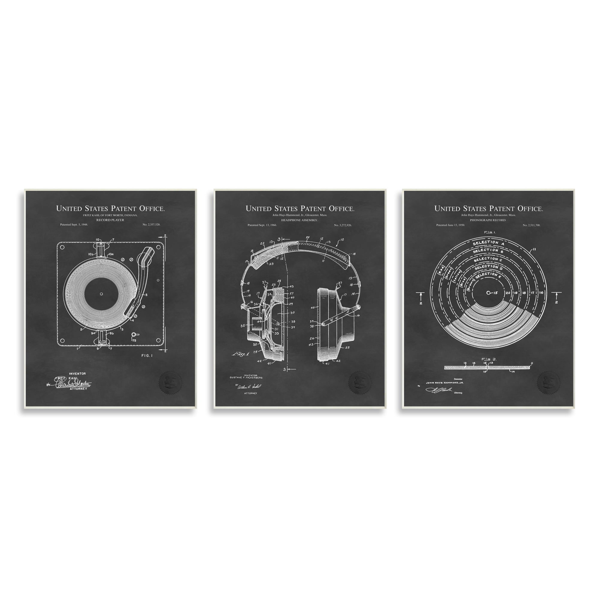 Stupell Industries Vintage Music Headphones Record Player Turntable Blueprint Wood Wall Art, 13 x 19, Design by Karl Hronek