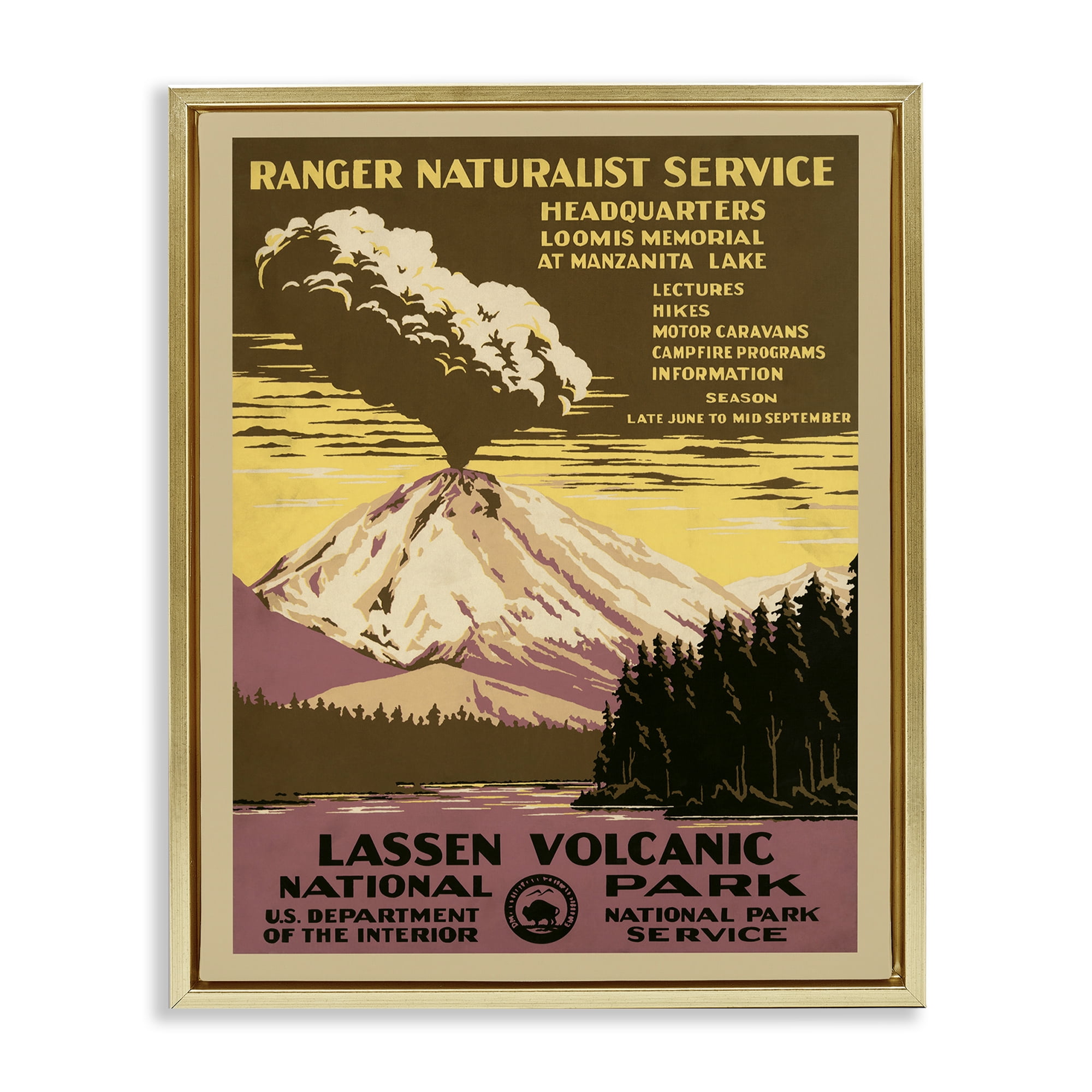 Stupell Industries Vintage National Park Landscape Painting Gold Floater Framed Art Print Wall Art, 17 x 21