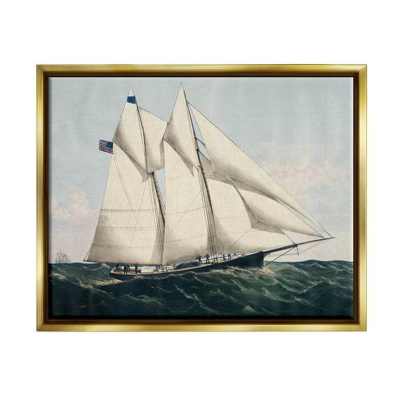 Stupell Industries Vintage Nautical Yacht Transportation Painting Gold Floater Framed Art Print Wall Art, 21 x 17