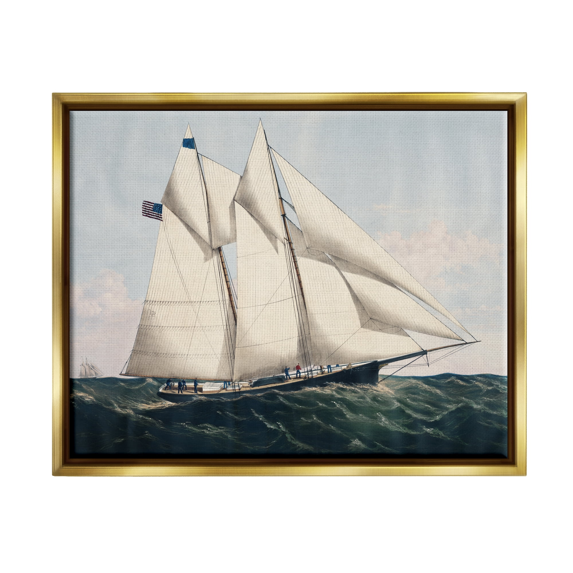 Stupell Industries Vintage Nautical Yacht Transportation Painting Gold Floater Framed Art Print Wall Art, 31 x 25