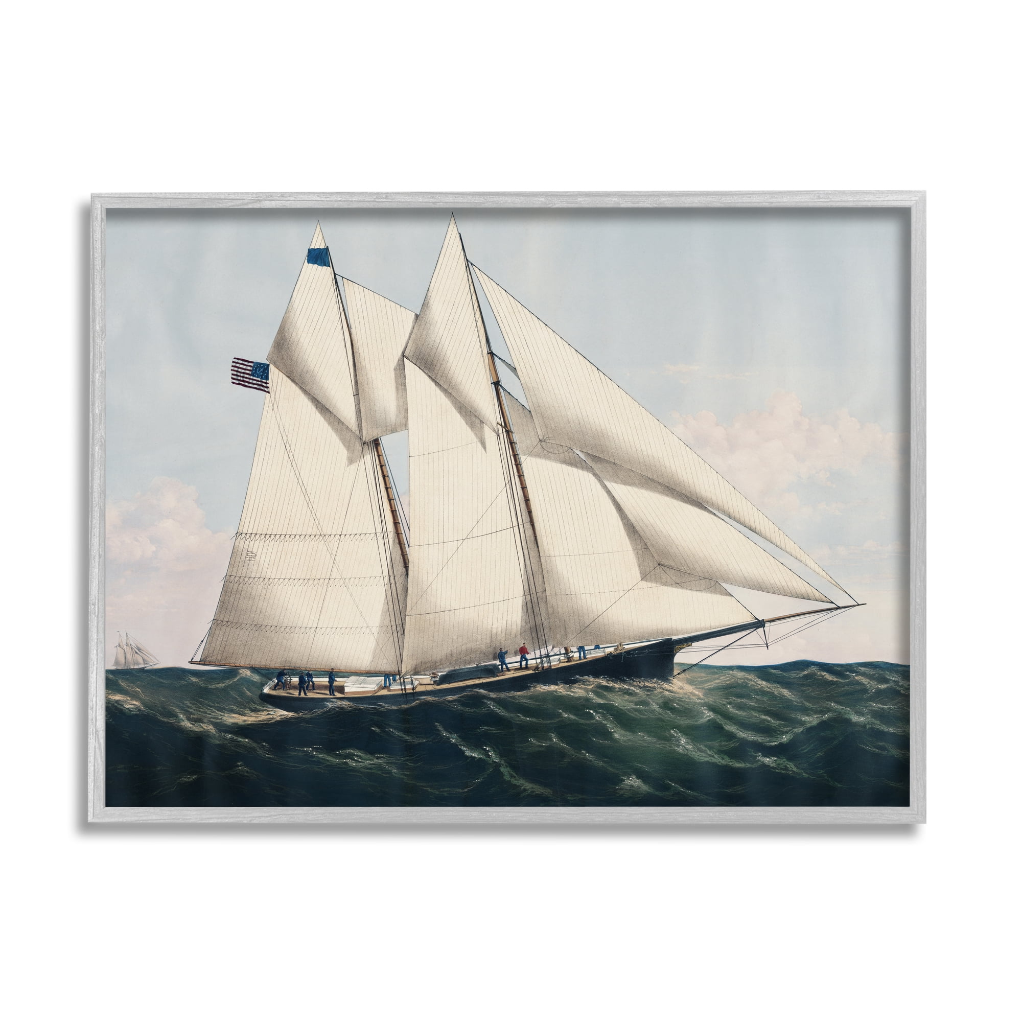 Vintage Nautical Yacht Print on Canvas with Gray Frame, 20" x 16"