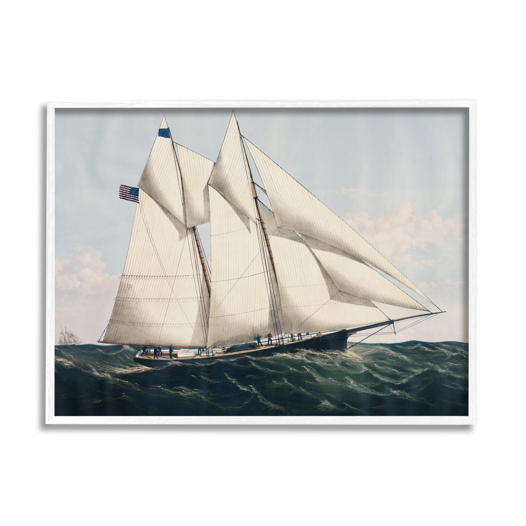 Vintage Nautical Yacht Print on Canvas with White Frame