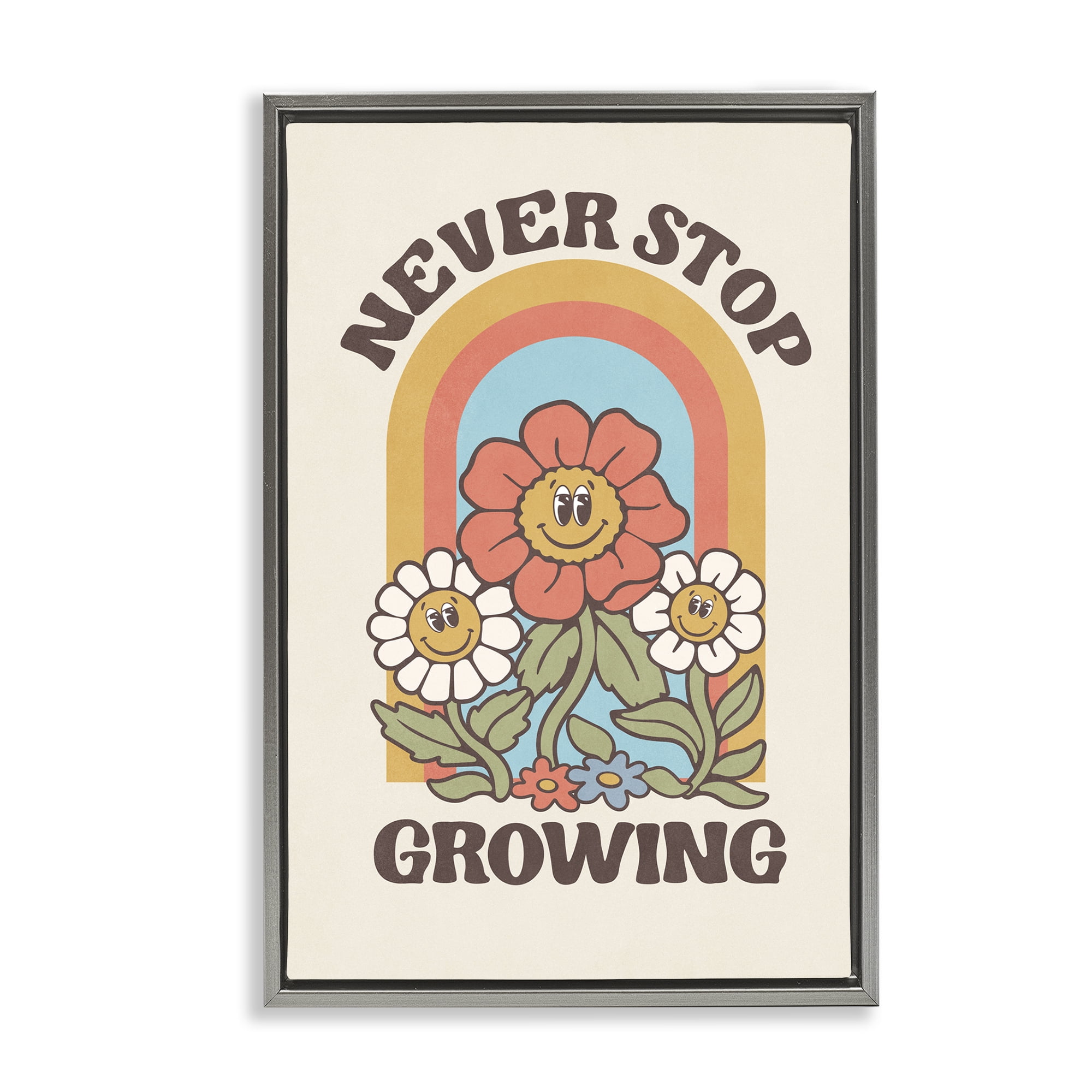 Stupell Industries Vintage Never Stop Growing Plants & Flowers Painting Gray Floater Framed Canvas Art Print Wall Art, 17 x 25