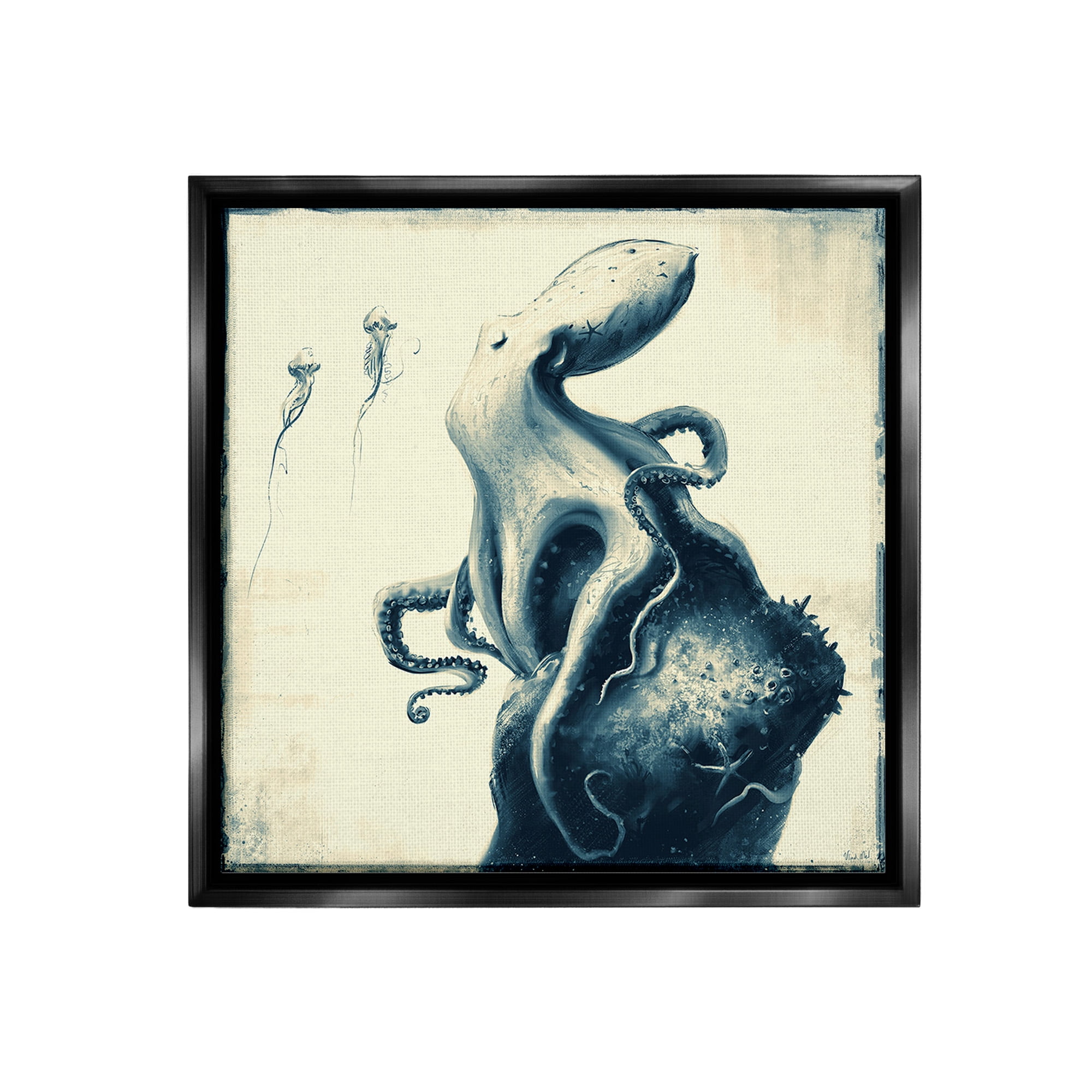 Stupell Industries Vintage Octopus & Jellyfish Animals & Insects Painting Black Floater Framed Canvas Art Print Wall Art, 25 x 25
