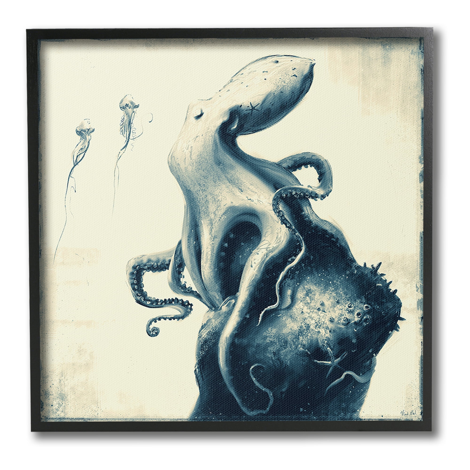 Stupell Industries Vintage Octopus & Jellyfish Animals & Insects Painting Black Framed Art Print Wall Art, 17 x 17