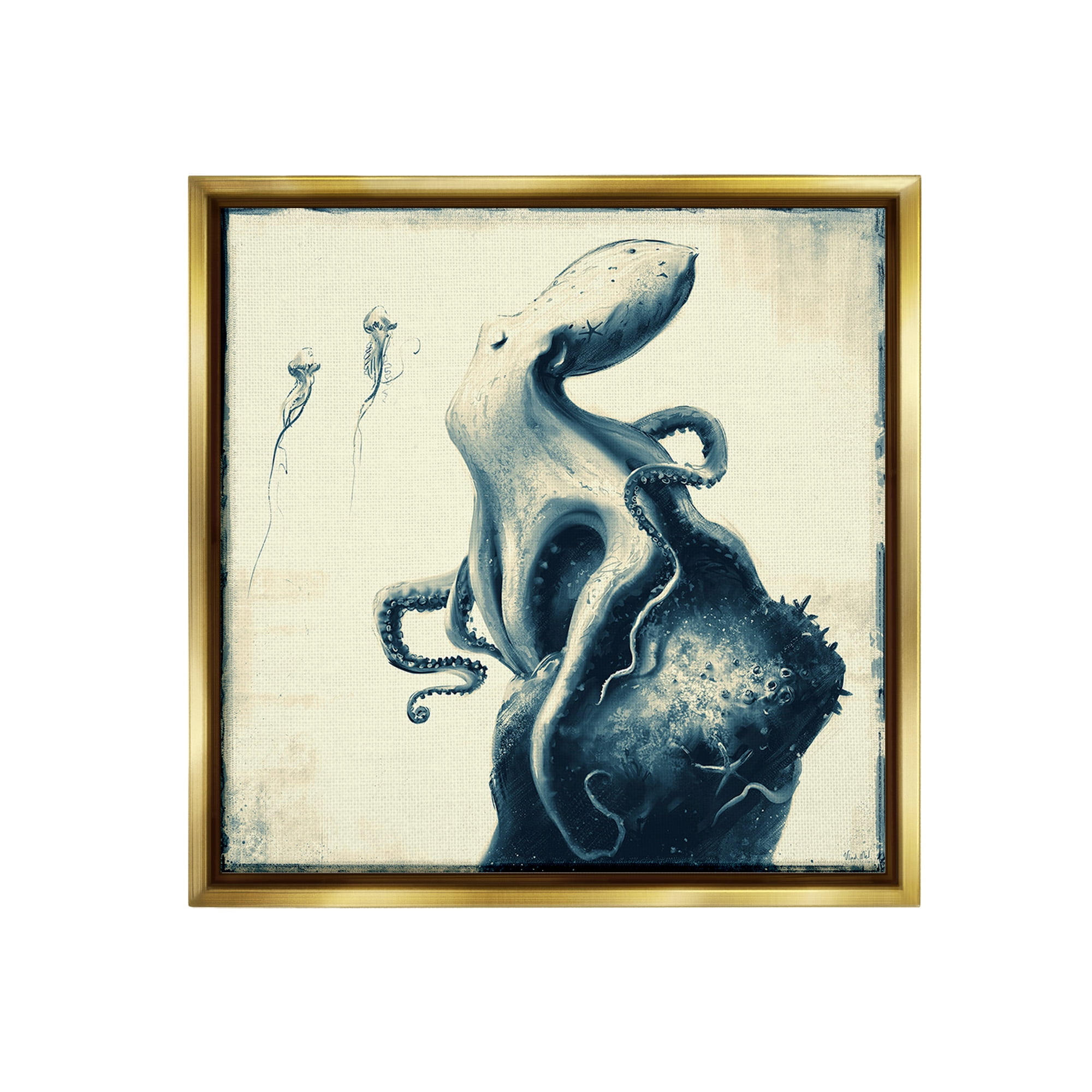 Stupell Industries Vintage Octopus & Jellyfish Animals & Insects Painting Gold Floater Framed Canvas Art Print Wall Art, 25 x 25