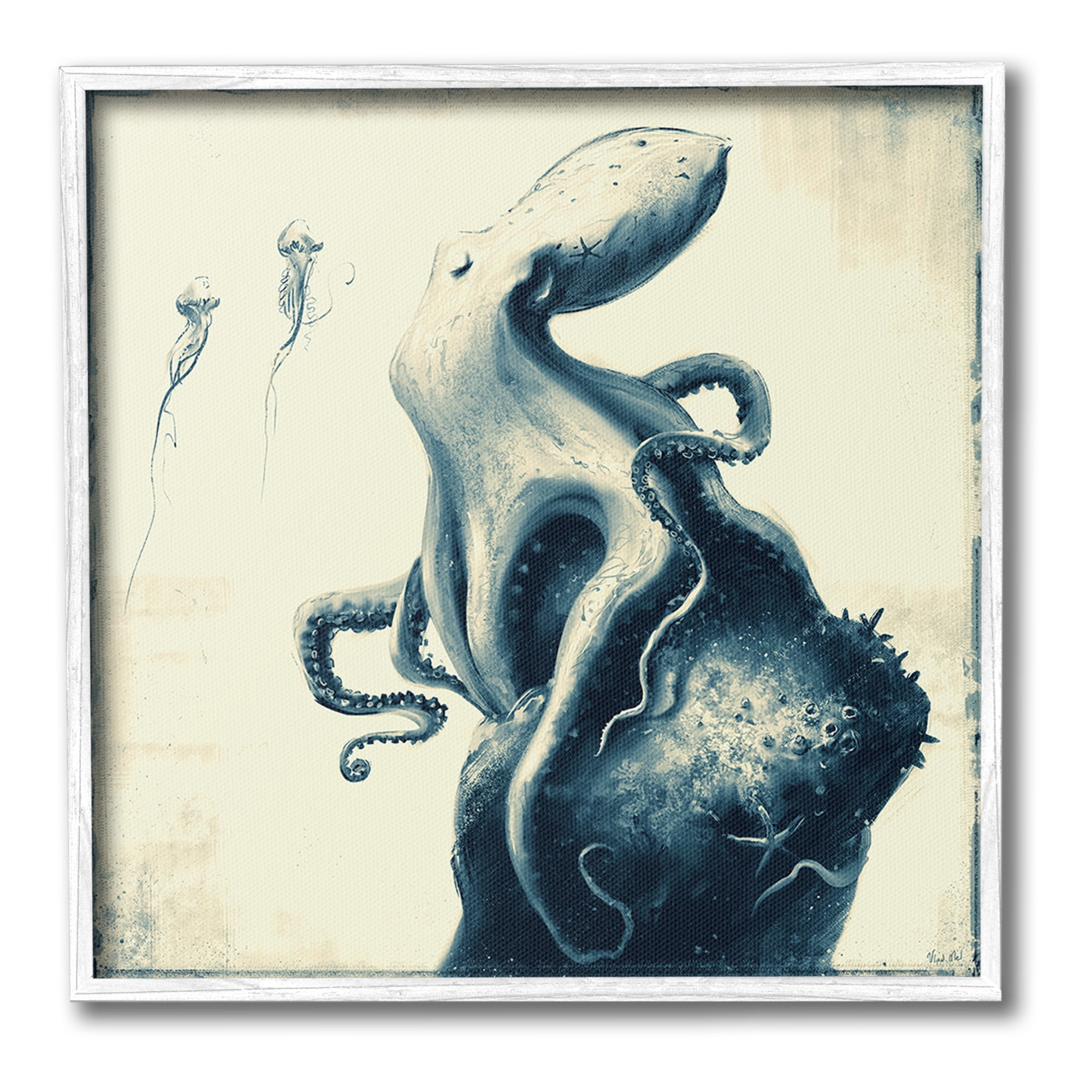 Stupell Industries Vintage Octopus & Jellyfish Animals & Insects Painting White Framed Art Print Wall Art, 17 x 17