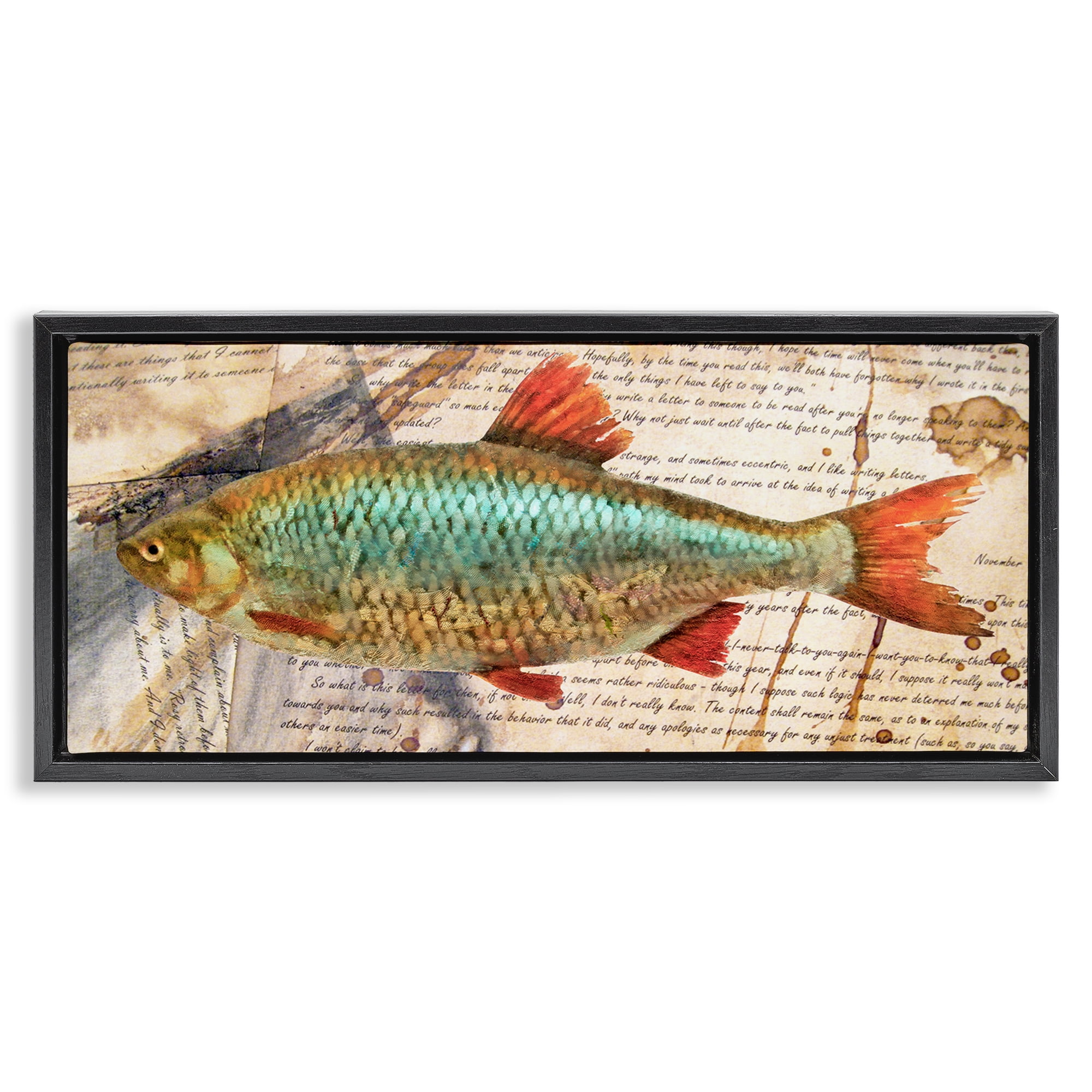 Stupell Industries Vintage Pages & Fish Animals & Insects Painting Black Floater Framed Canvas Art Print Wall Art, 25 x 11