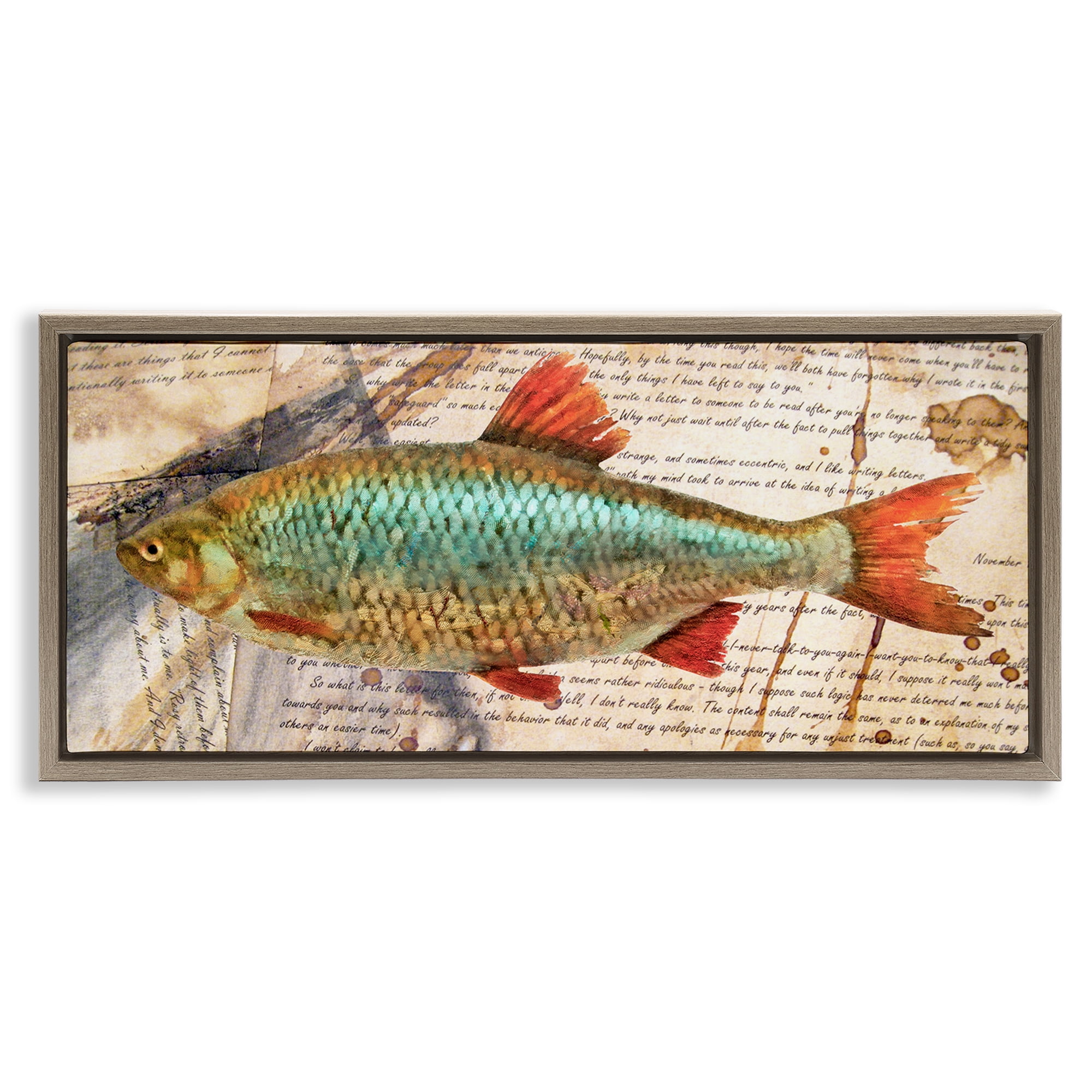 Stupell Industries Vintage Pages & Fish Animals & Insects Painting Brown Floater Framed Canvas Art Print Wall Art, 31 x 14