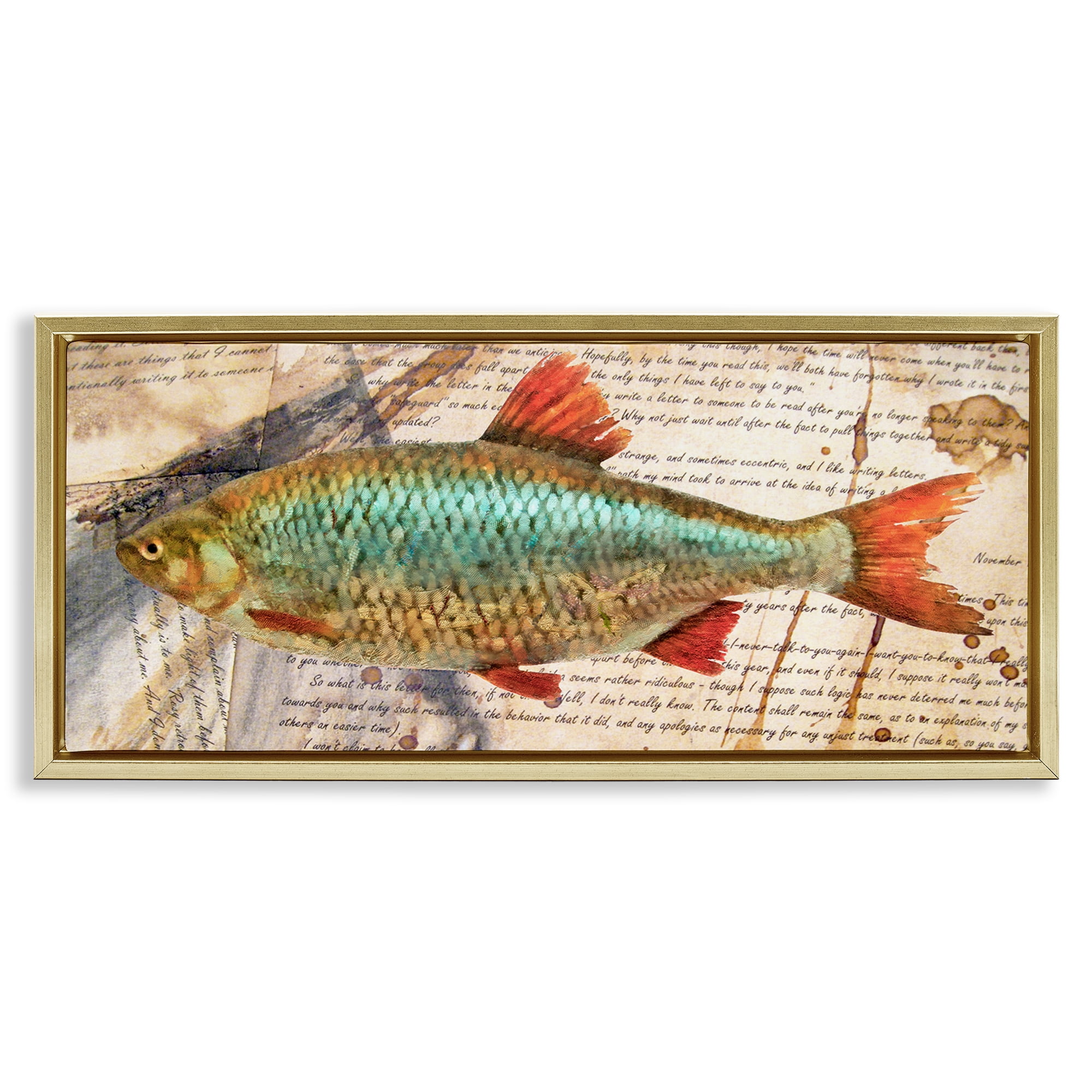 Stupell Industries Vintage Pages & Fish Animals & Insects Painting Gold Floater Framed Canvas Art Print Wall Art, 31 x 14