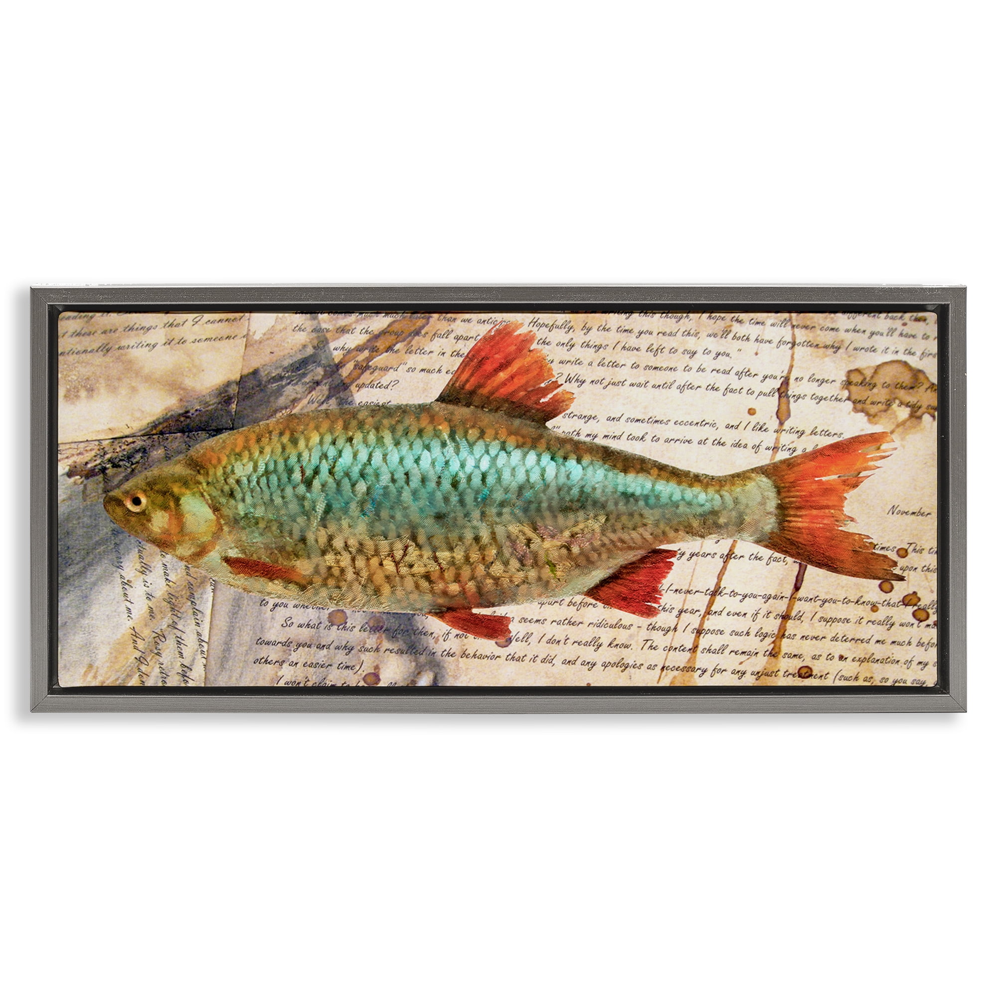 Stupell Industries Vintage Pages & Fish Animals & Insects Painting Gray Floater Framed Canvas Art Print Wall Art, 31 x 14