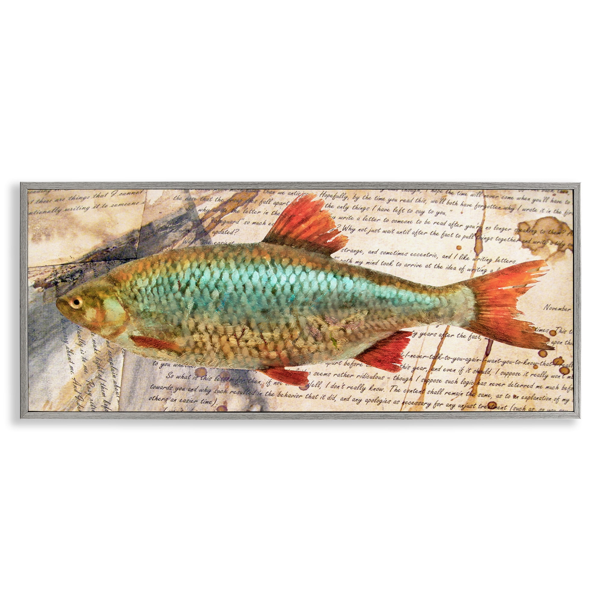 Stupell Industries Vintage Pages & Fish Animals & Insects Painting Gray Framed Art Print Wall Art, 24 x 10