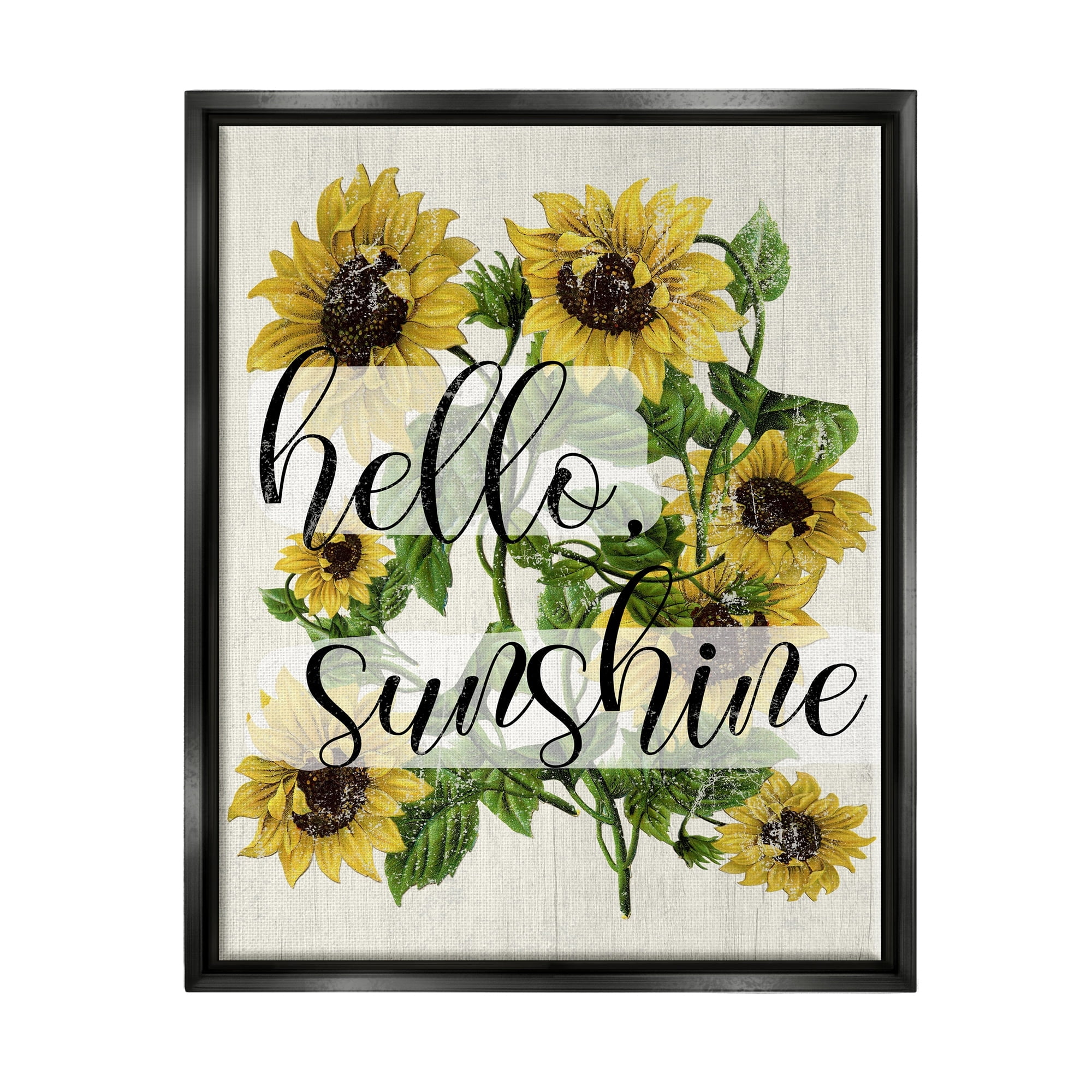 Stupell Industries Vintage Painted Sunflowers with Hello Sunshine Text Metallic Gold Framed Floating Canvas Wall Art, 24x30, by Daphne Polselli