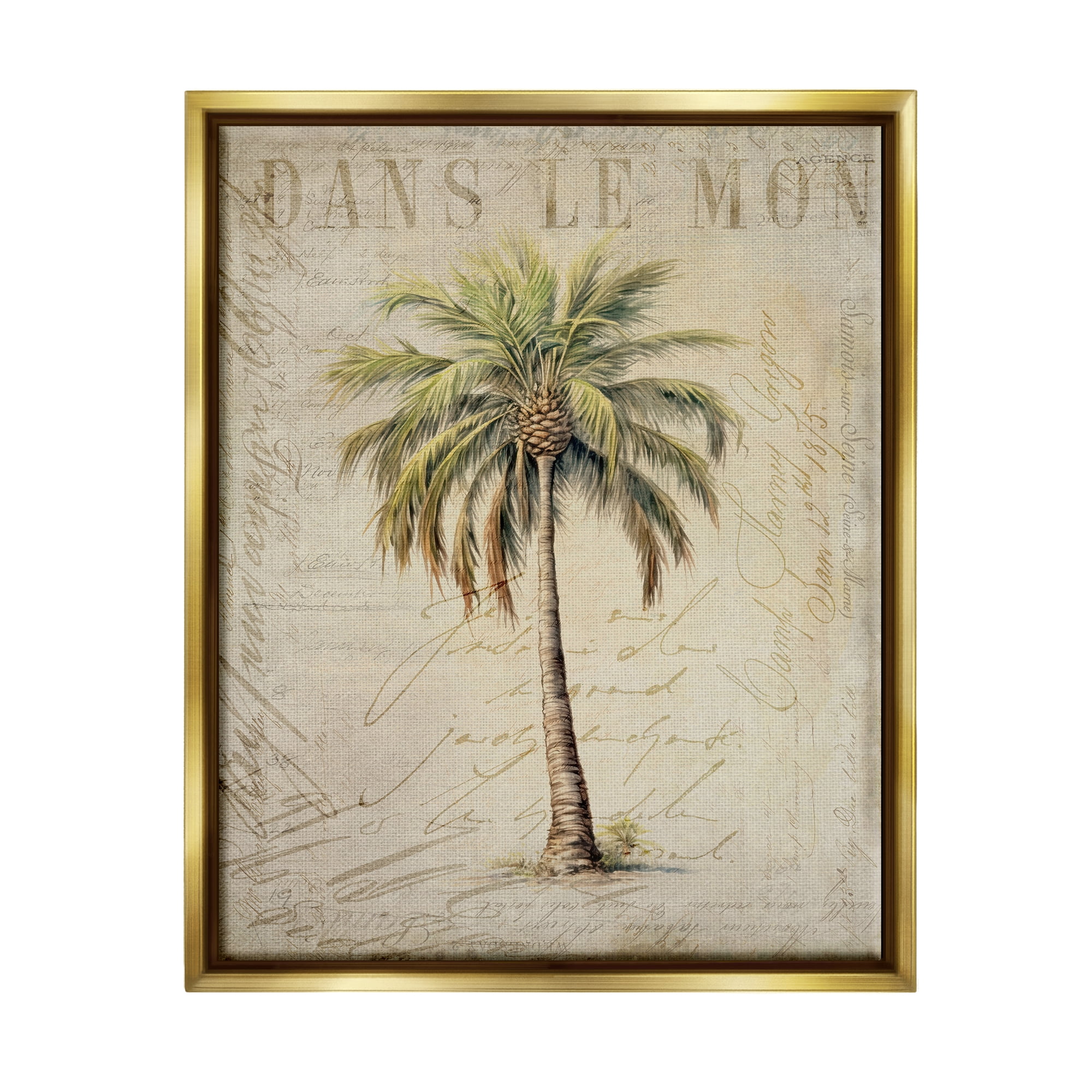 Stupell Industries Vintage Palm Tree Botanical & Floral Painting Gold Floater Framed Canvas Art Print Wall Art, 17 x 21