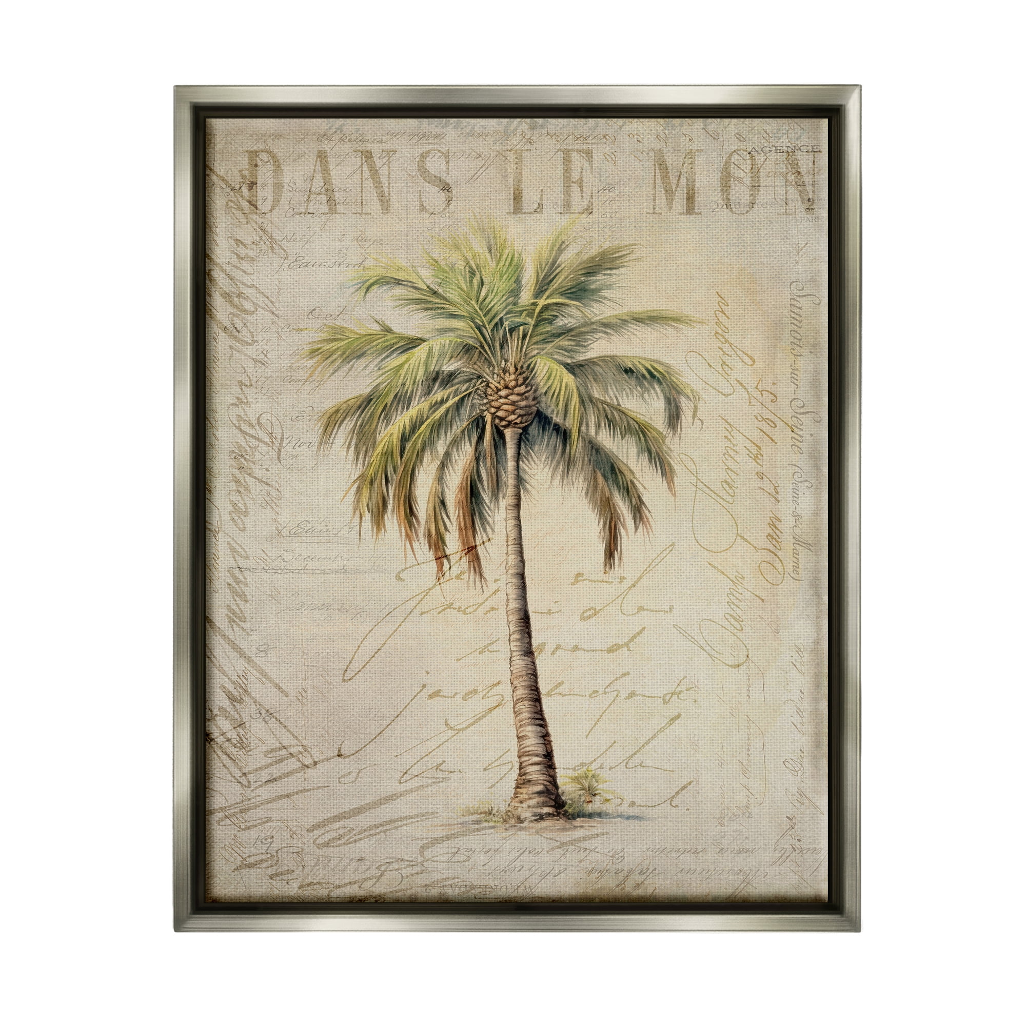 Stupell Industries Vintage Palm Tree Botanical & Floral Painting Gray Floater Framed Canvas Art Print Wall Art, 25 x 31